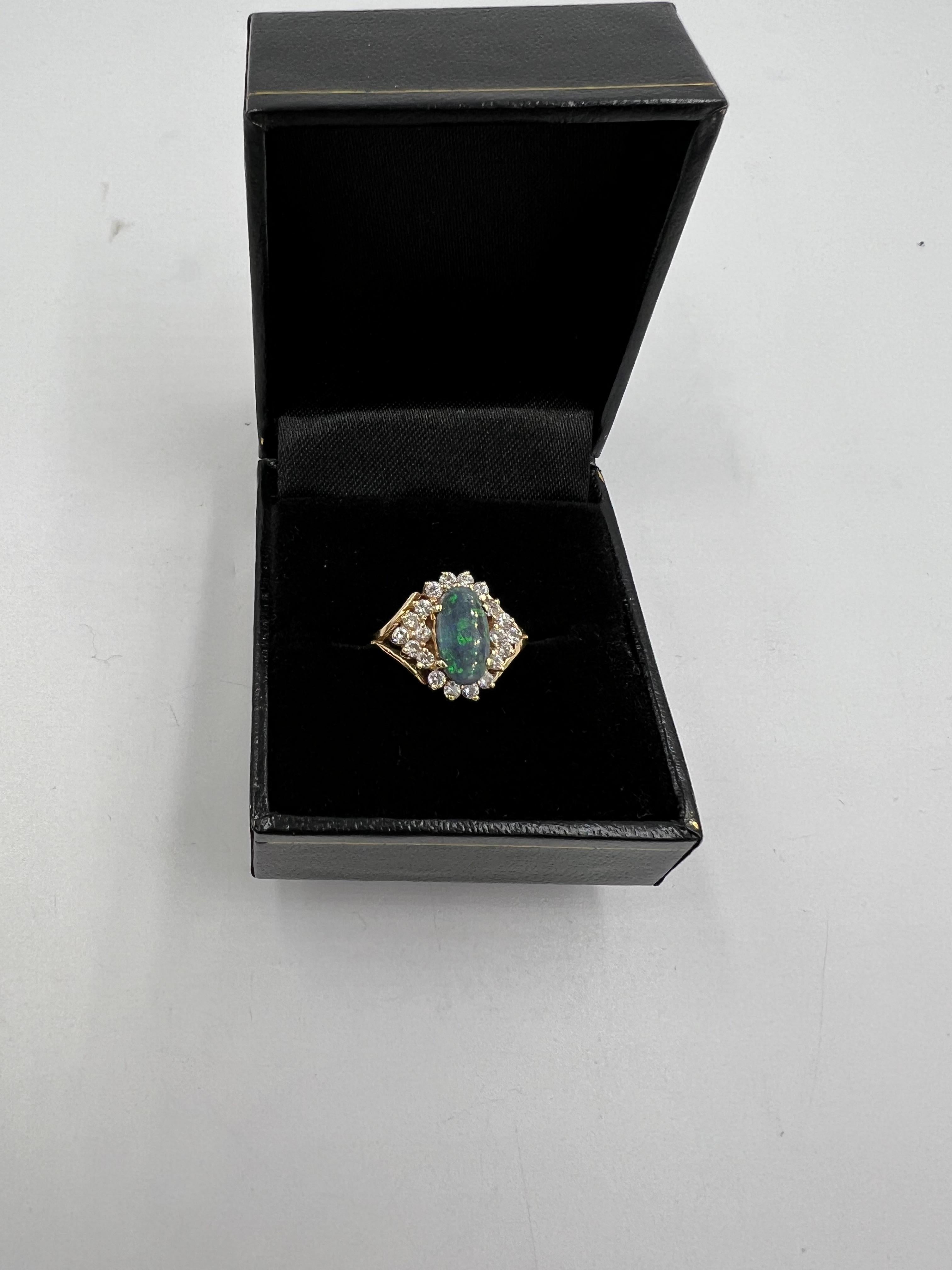 Black Opal Diamond Cluster 14k Yellow Gold Ring For Sale 3