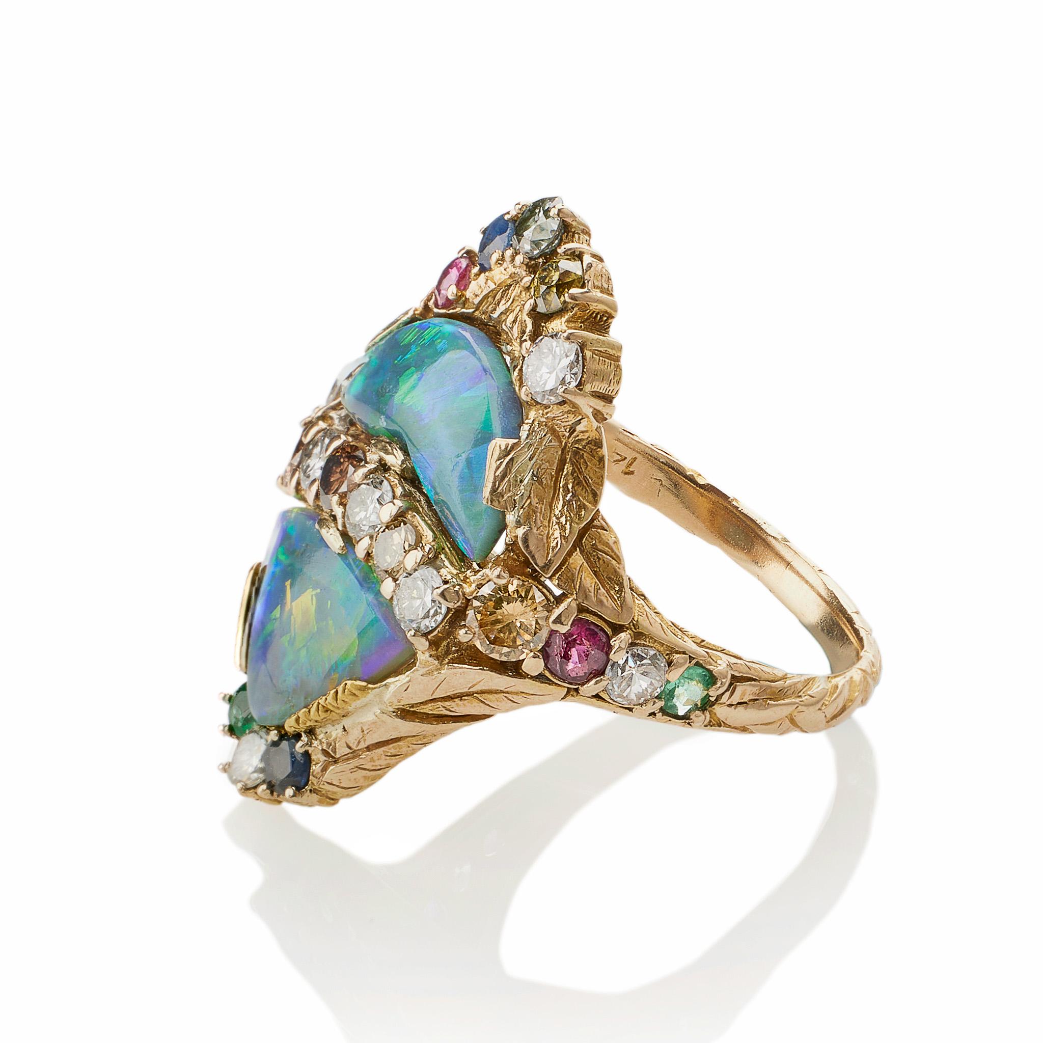 Arts and Crafts Black Opal, Diamond, Colored Diamond and Multi-Gem Ring