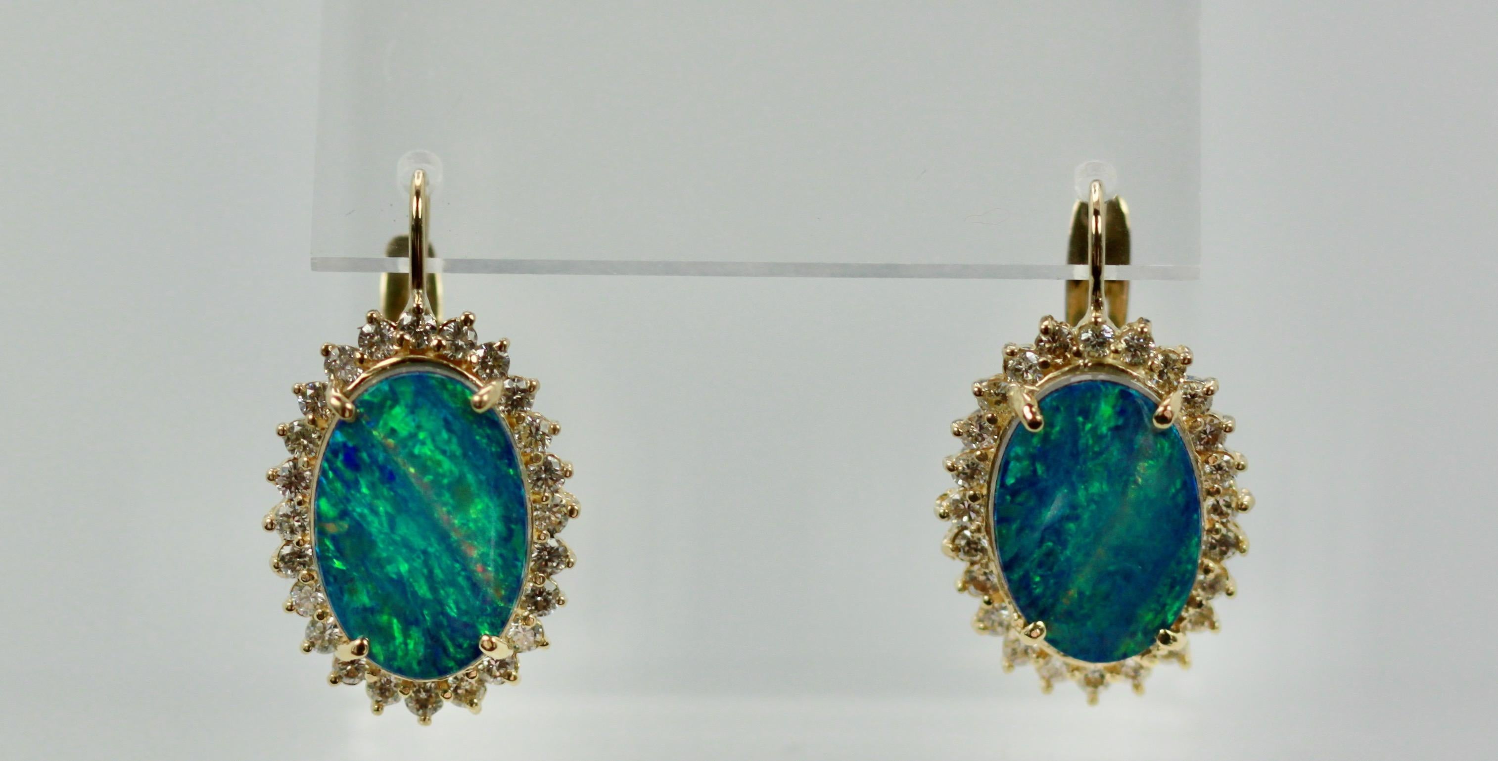 Black Opal Diamond Earrings 14 Karat Yellow Gold For Sale 4