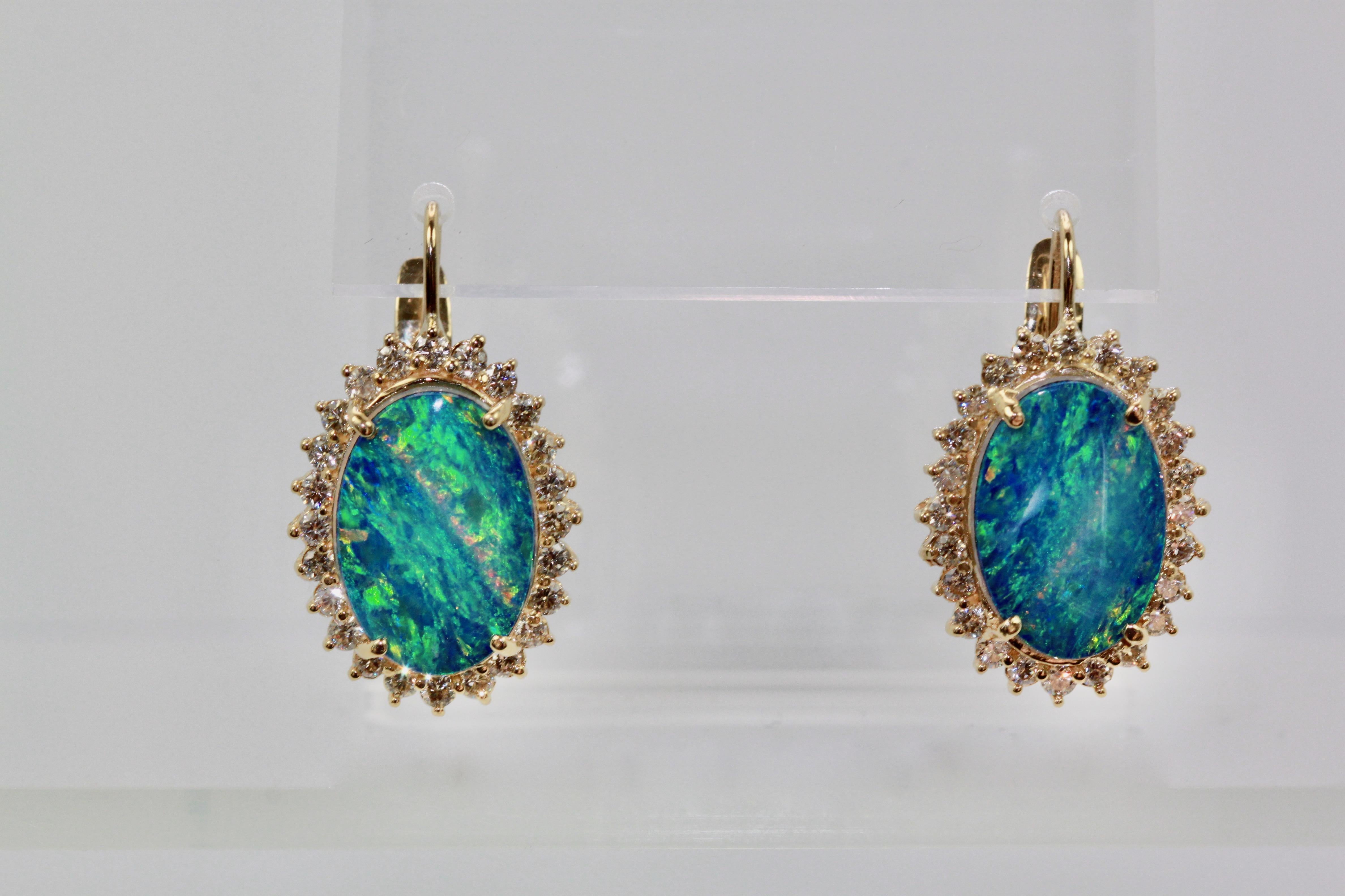 Black Opal Diamond Earrings 14 Karat Yellow Gold For Sale 5