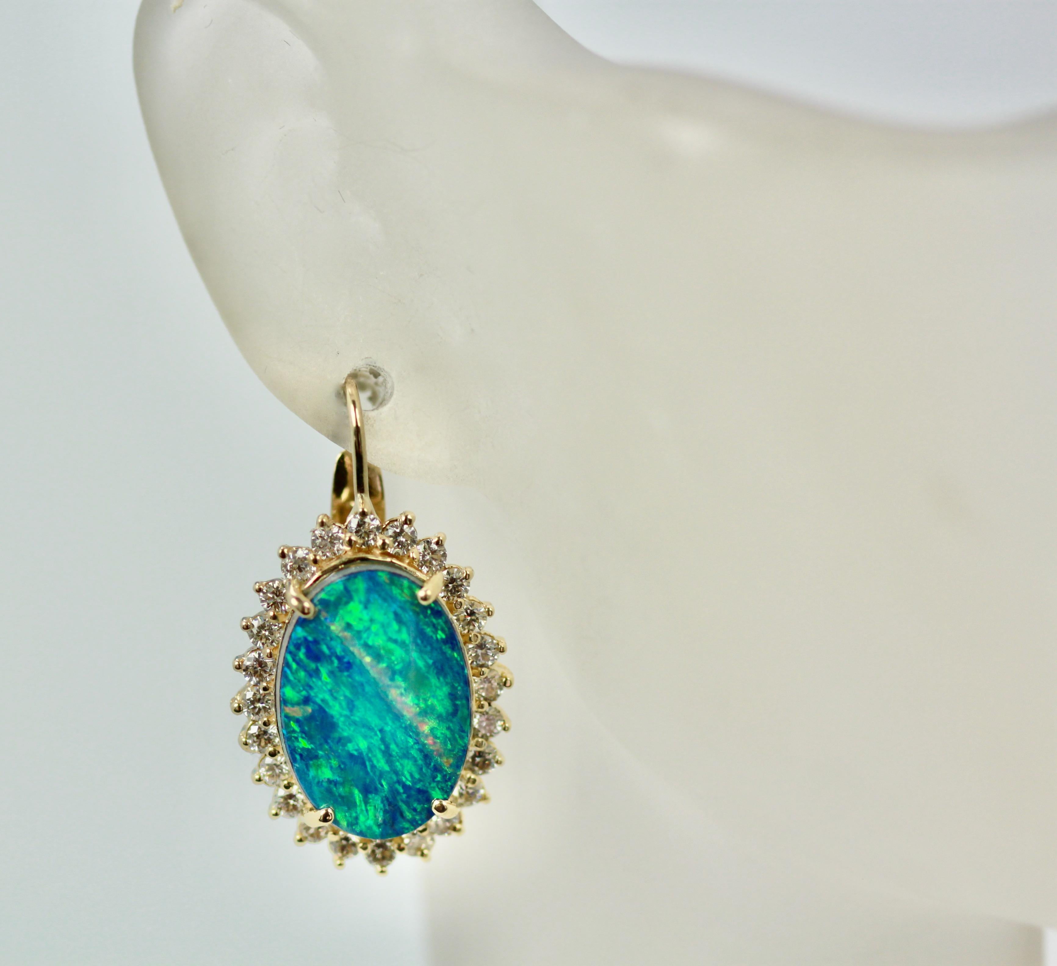 Women's Black Opal Diamond Earrings 14 Karat Yellow Gold For Sale