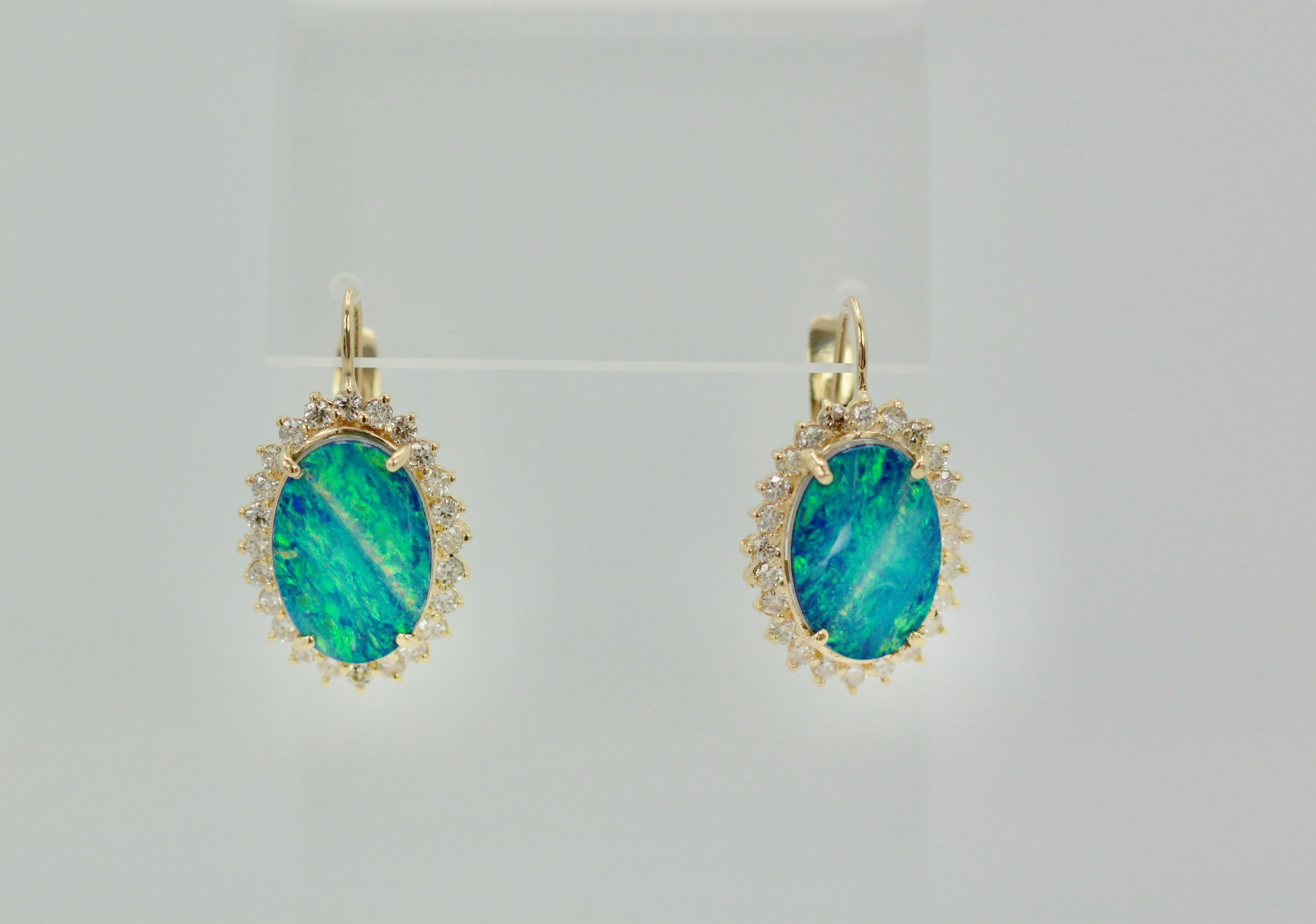 Black Opal Diamond Earrings 14 Karat Yellow Gold For Sale 1