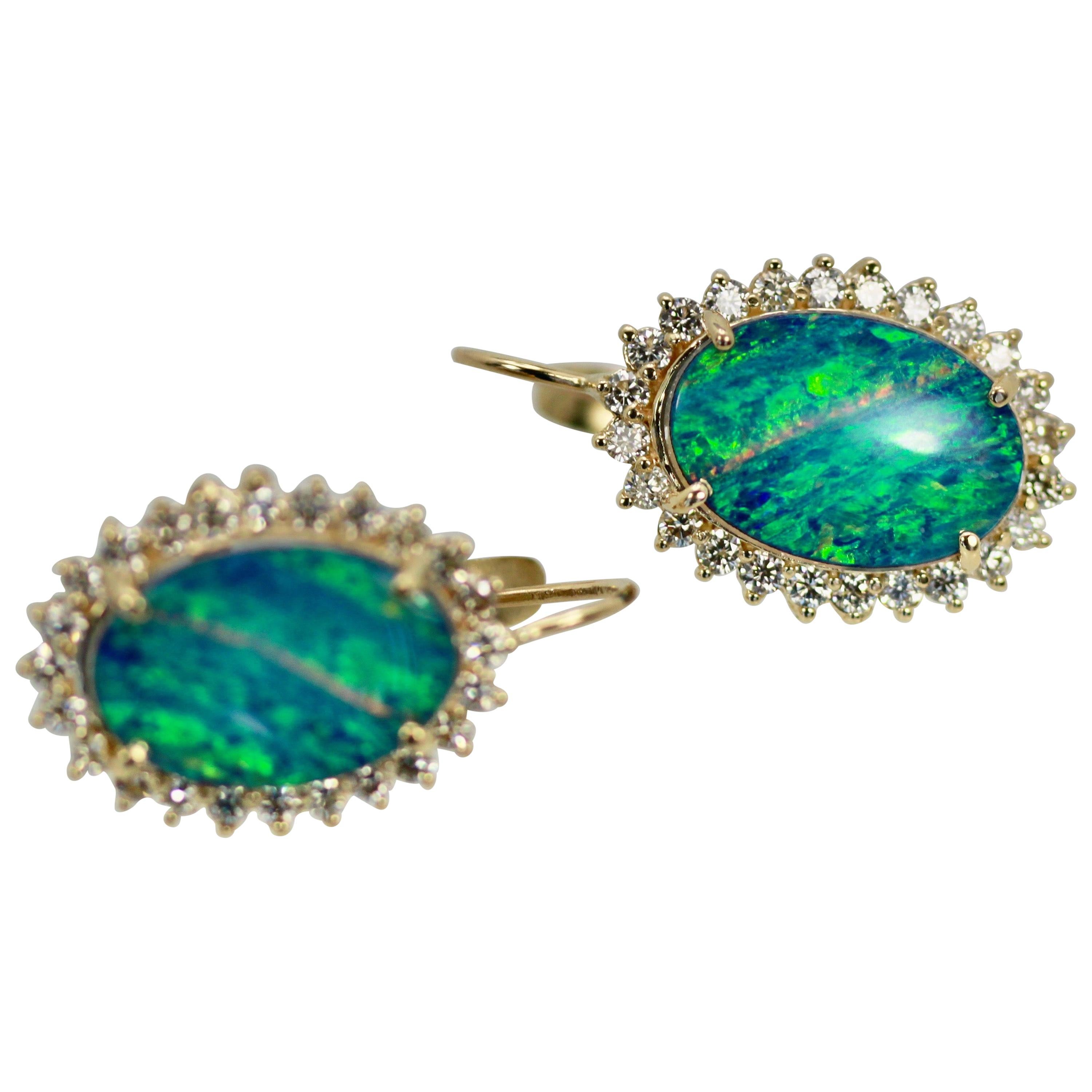 Black Opal Diamond Earrings 14 Karat Yellow Gold