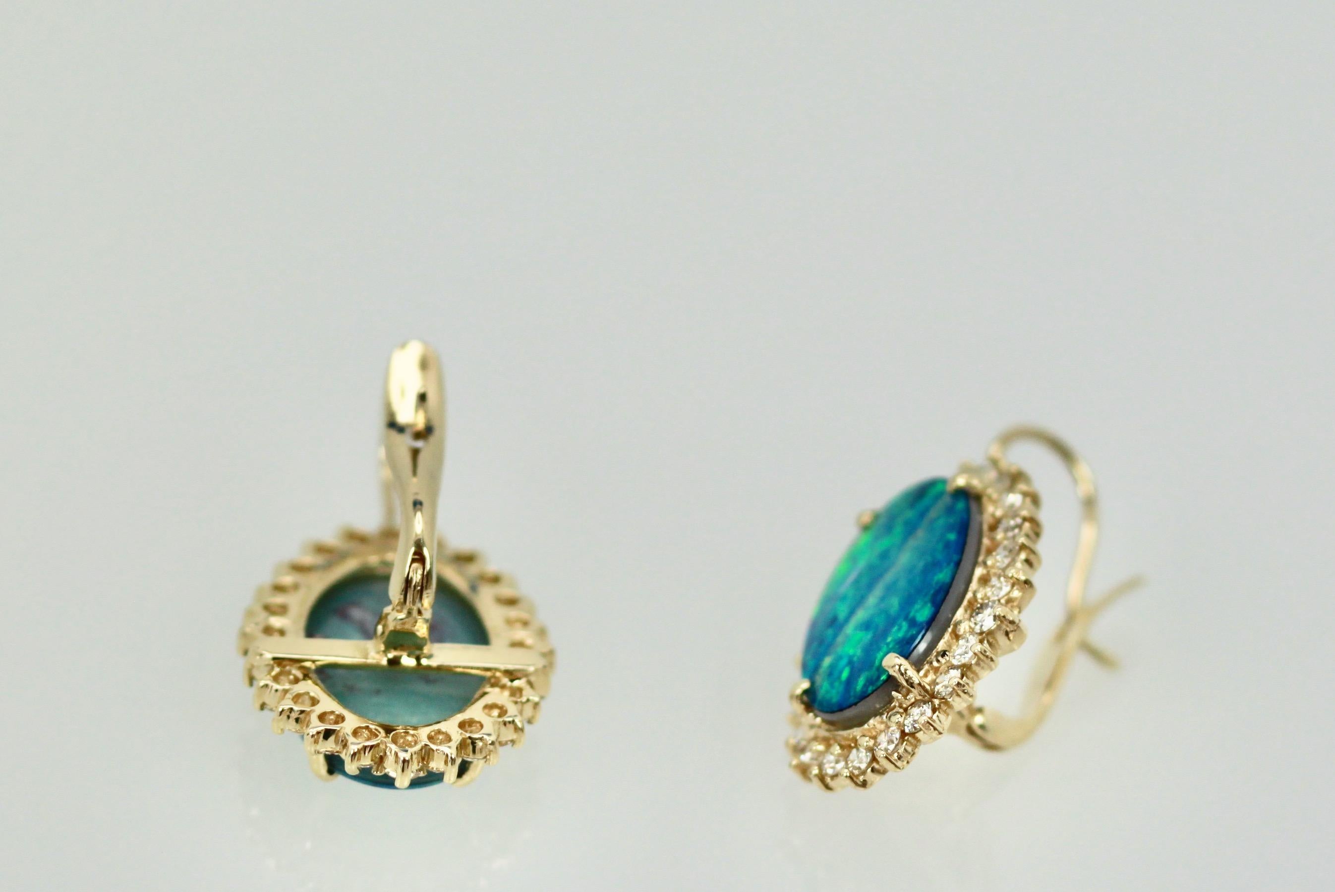 Oval Cut Black Opal Diamond Earrings 14 Karat Yellow Gold