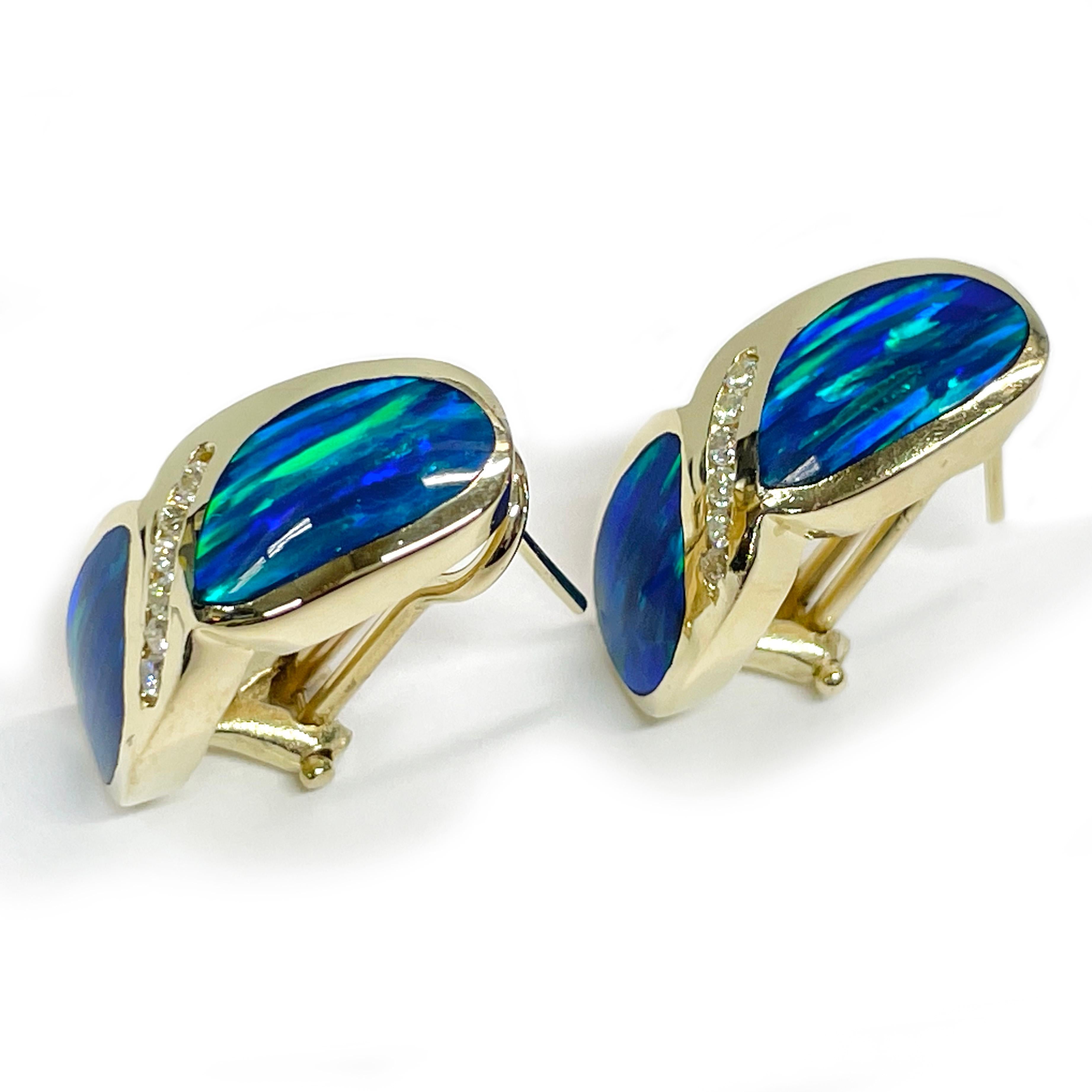 These exquisite earrings showcase a curved, checkered pattern crafted from alternating panels of lustrous mother-of-pearl and deep black onyx, creating a striking visual contrast. Elegant swooshes of gold seamlessly weave through the design, adding