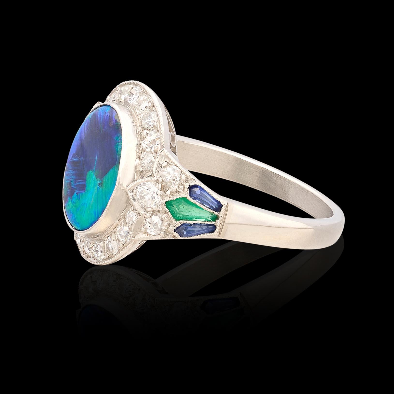 Oval Cut Black Opal, Diamond & Gem-Set Ring