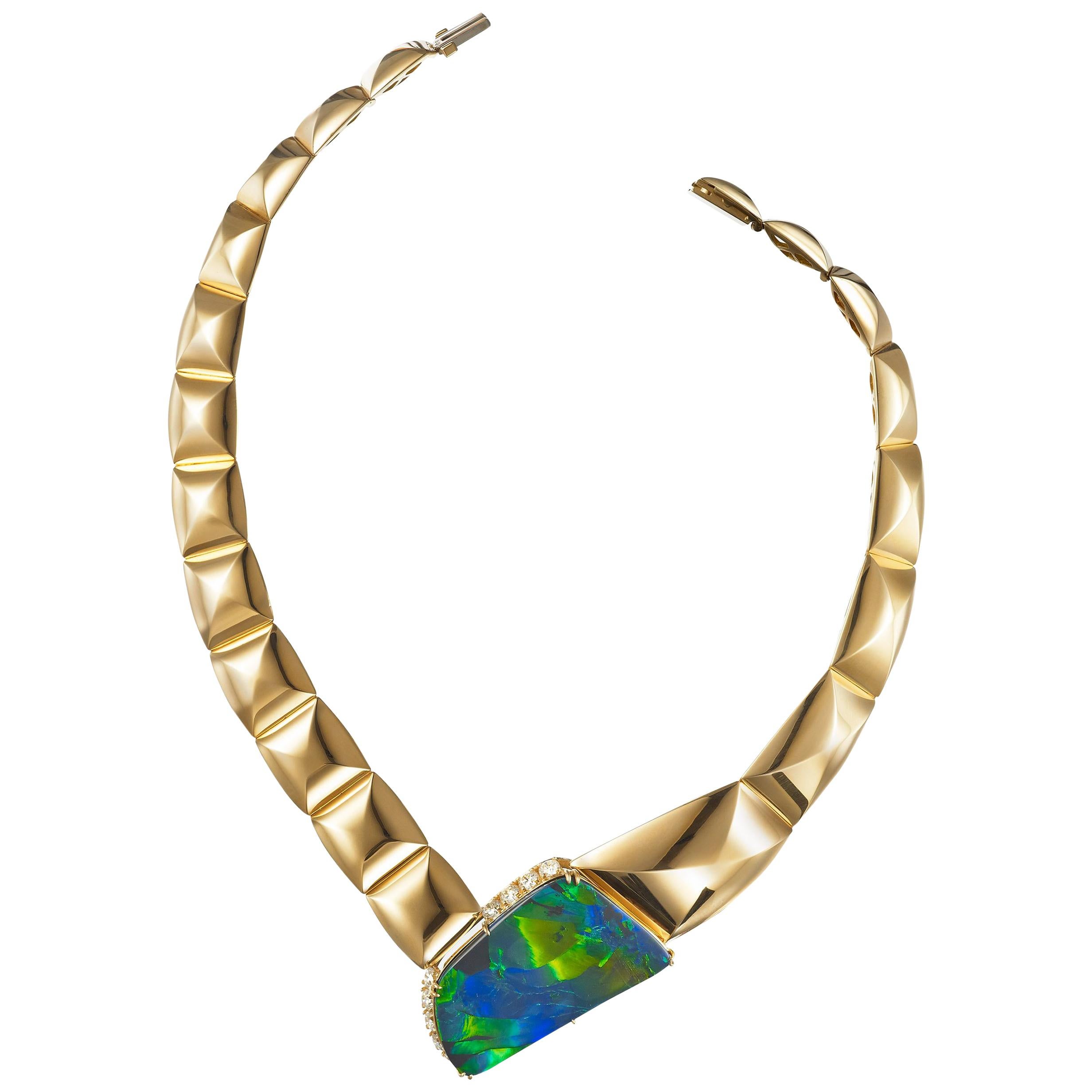 Black Opal-Diamond Necklace 18karat yellow gold For Sale