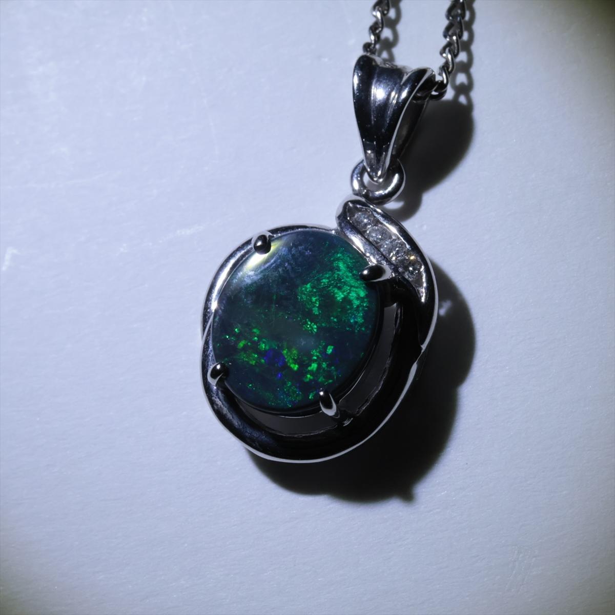 Modern Black Opal Diamond Pendant. PT900 Platinum Opal Diamond Halo Pendant Necklace. For Sale