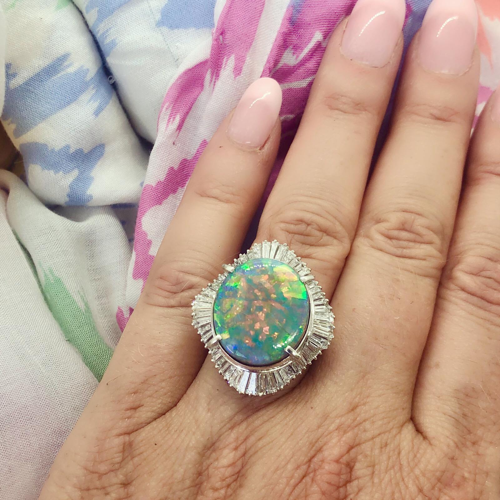 Black Opal Diamond Platinum Cocktail Ring In Excellent Condition In San Francisco, CA