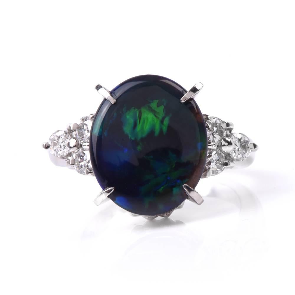 Art Deco Black Opal Diamond Platinum Ring