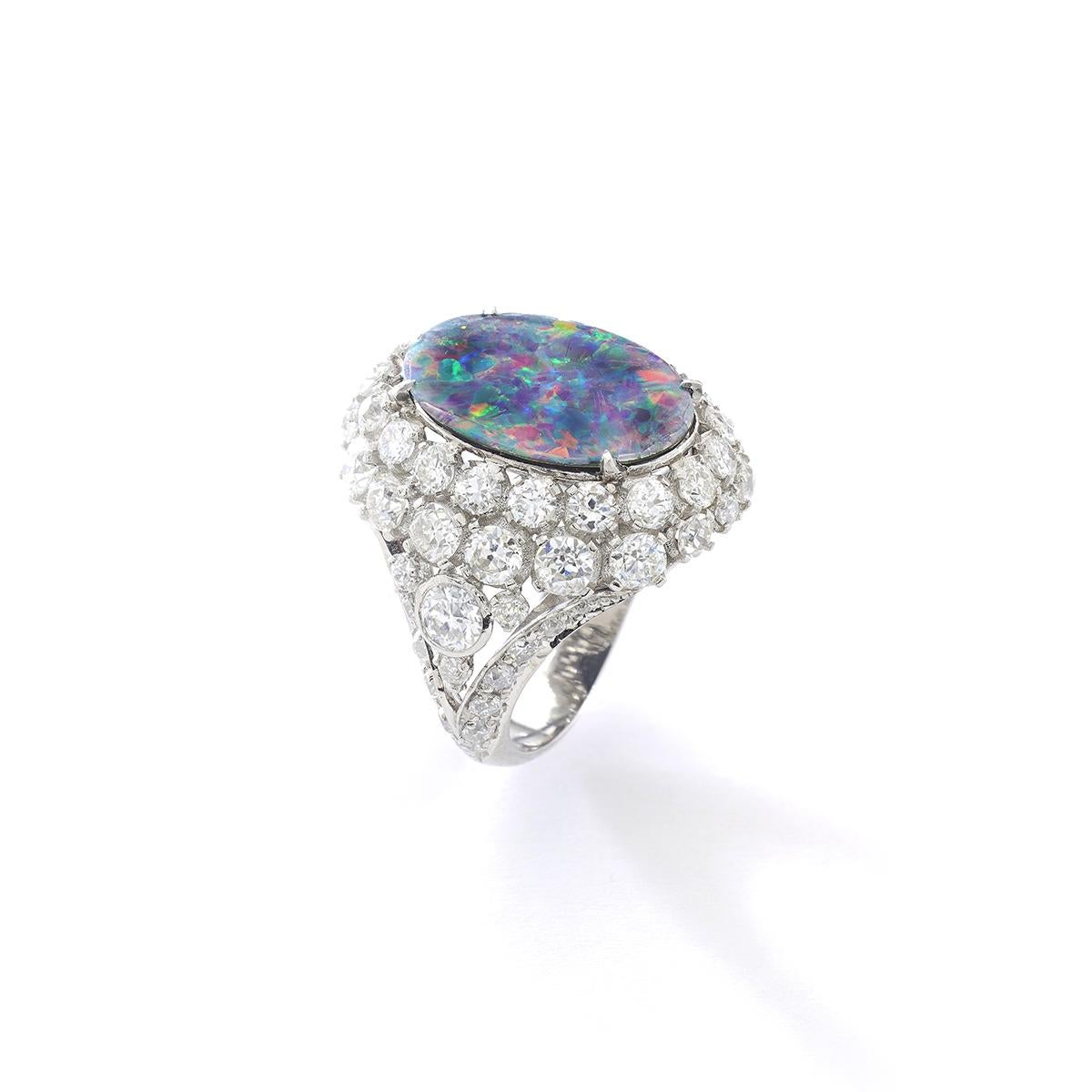 Round Cut Black Opal Diamond Platinum Ring For Sale