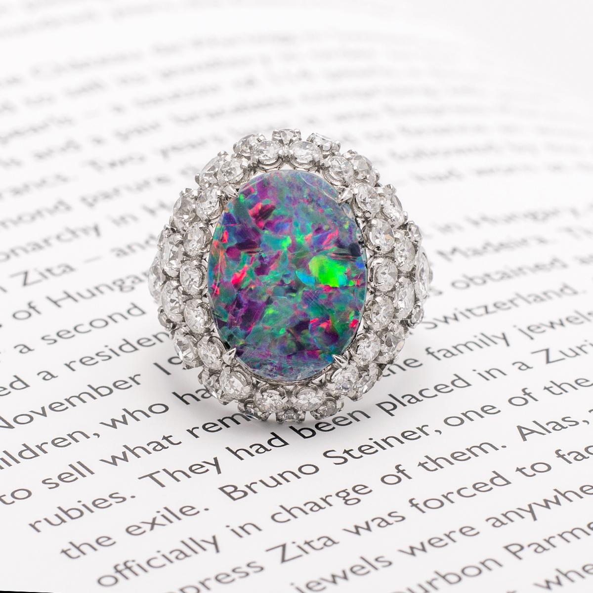 Women's or Men's Black Opal Diamond Platinum Ring For Sale