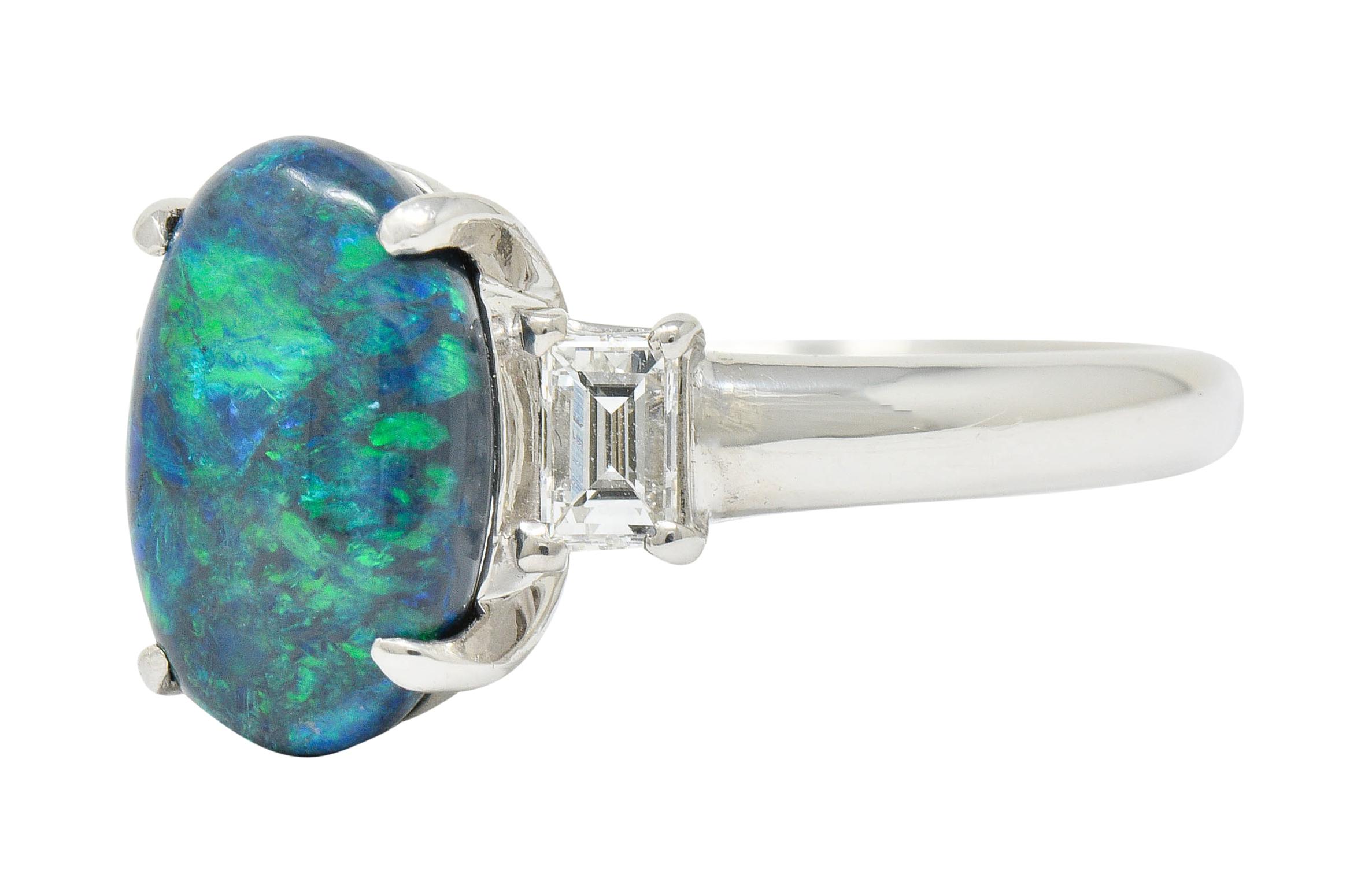 Women's or Men's Black Opal Diamond Platinum Three-Stone Ring