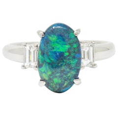 Vintage Black Opal Diamond Platinum Three-Stone Ring