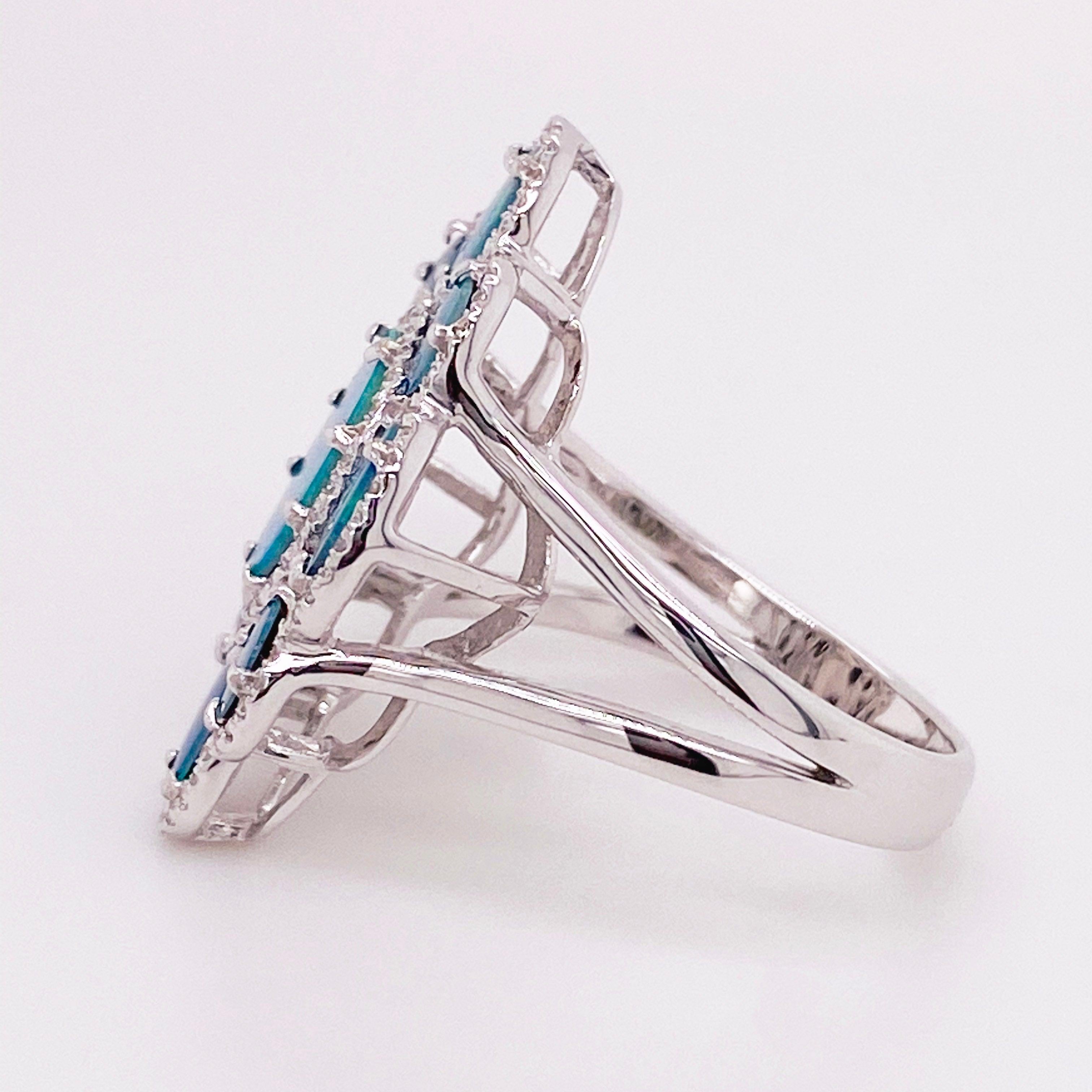 For Sale:  Black Opal Diamond Ring, 18k White Gold, Blue Green Opal w Diamond Halo Ring 4