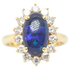 Black Opal Diamond Ring. 18k Yelow Gold Opal Diamond Halo Ballerina Ring Band.