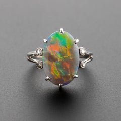 Black Opal & Diamond Ring Certified Untreated Lightning Ridge Art Deco