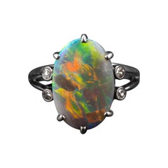 Bague en opale noire et diamant certifiée non traitée Lightning Ridge Art Déco
