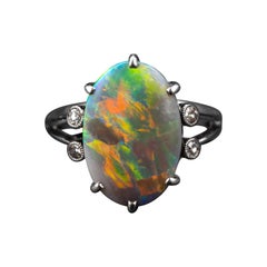 Black Opal & Diamond Ring Certified Untreated Lightning Ridge Art Deco