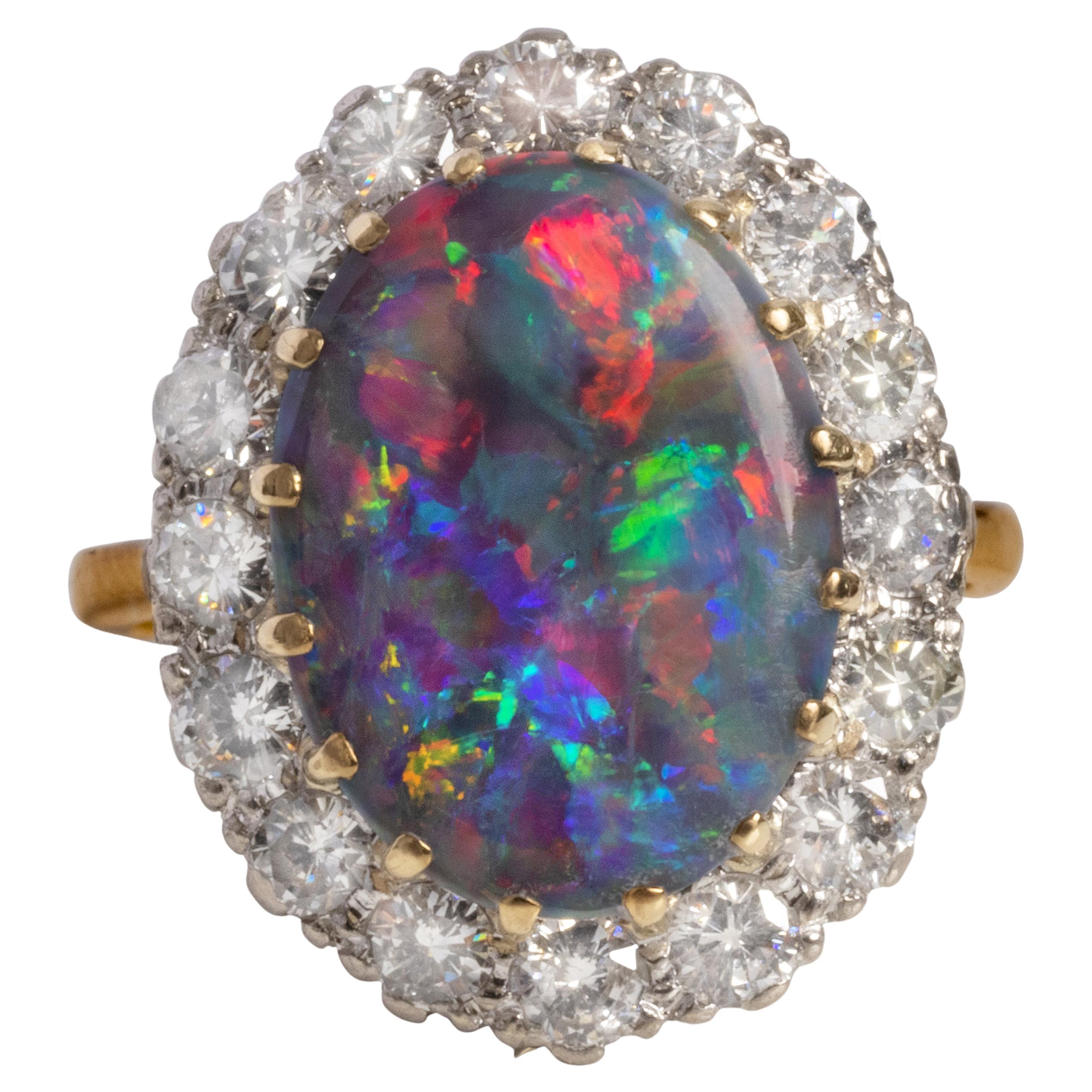 Black Opal & Diamond Ring from England Certified Untreated Australian