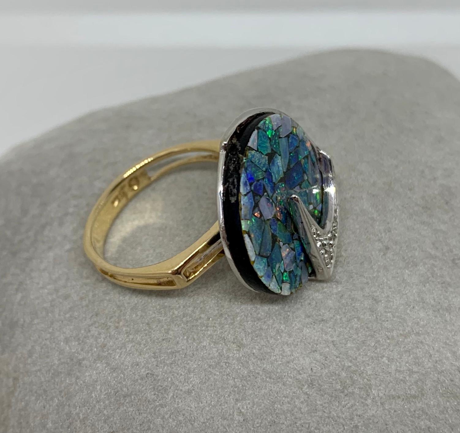 Bague rétro en or 14 carats avec opale noire et diamants, style Eames, mi-siècle moderne en vente 5