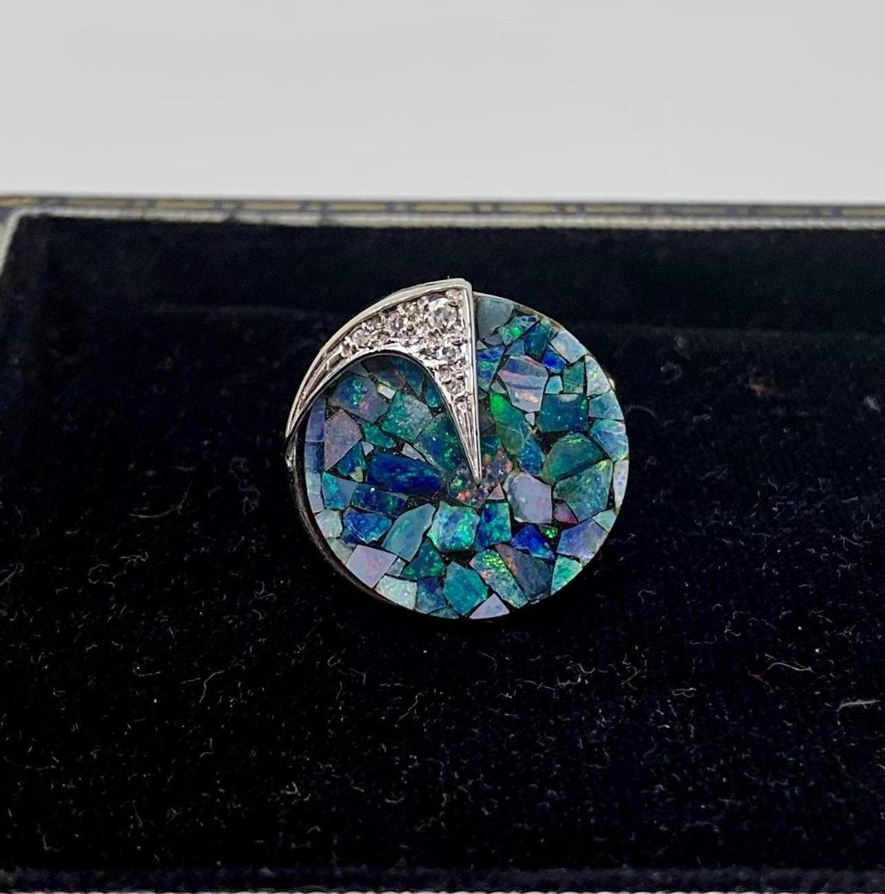Round Cut Black Opal Diamond Ring Mid-Century Modern 14 Karat Gold Eames Era Retro For Sale
