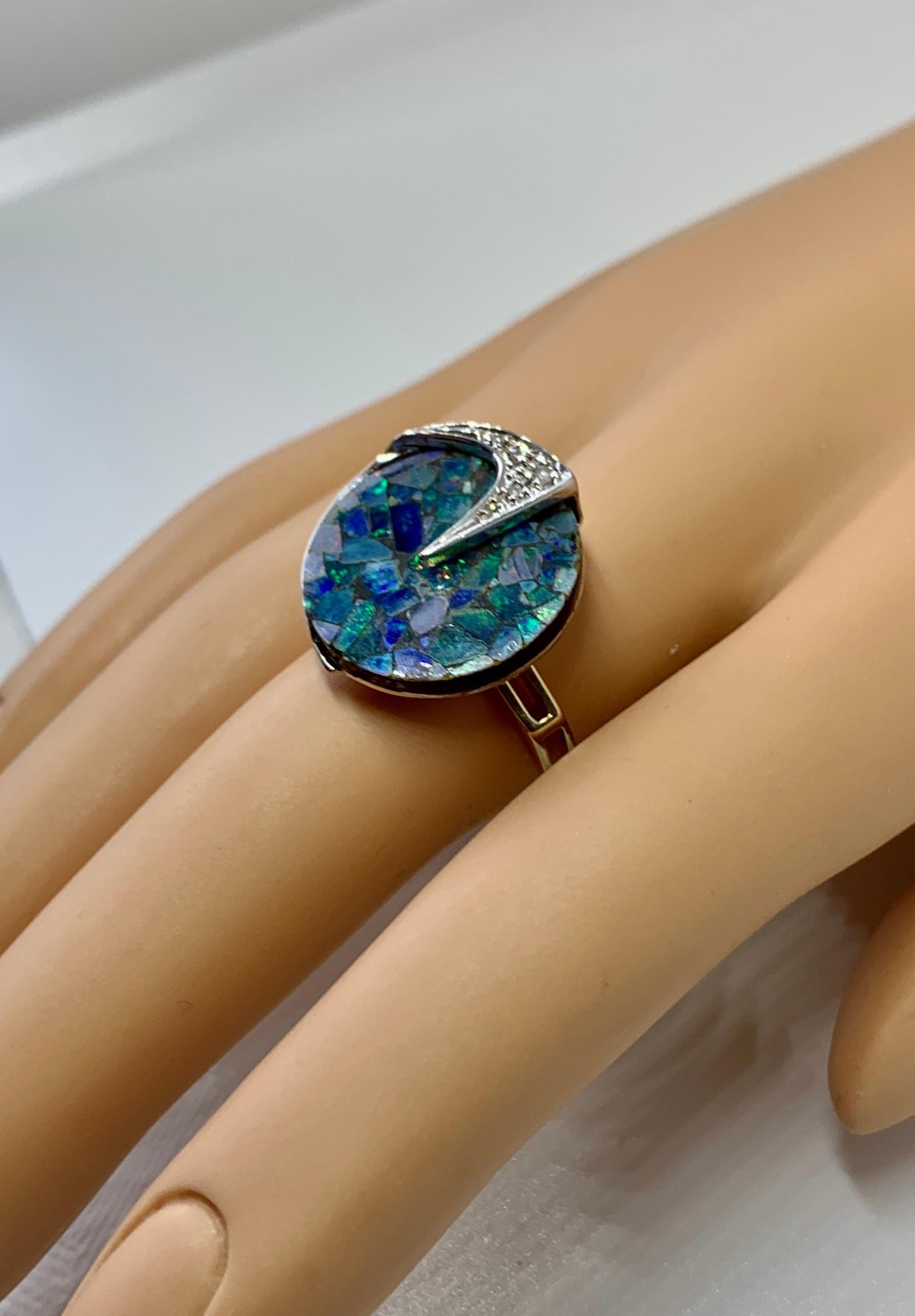 Black Opal Diamond Ring Mid-Century Modern 14 Karat Gold Eames Era Retro In Excellent Condition For Sale In New York, NY