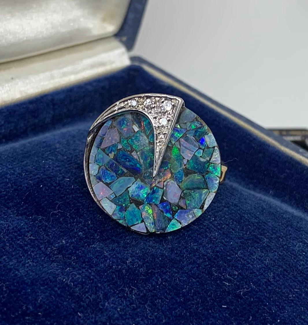 Women's Black Opal Diamond Ring Mid-Century Modern 14 Karat Gold Eames Era Retro For Sale