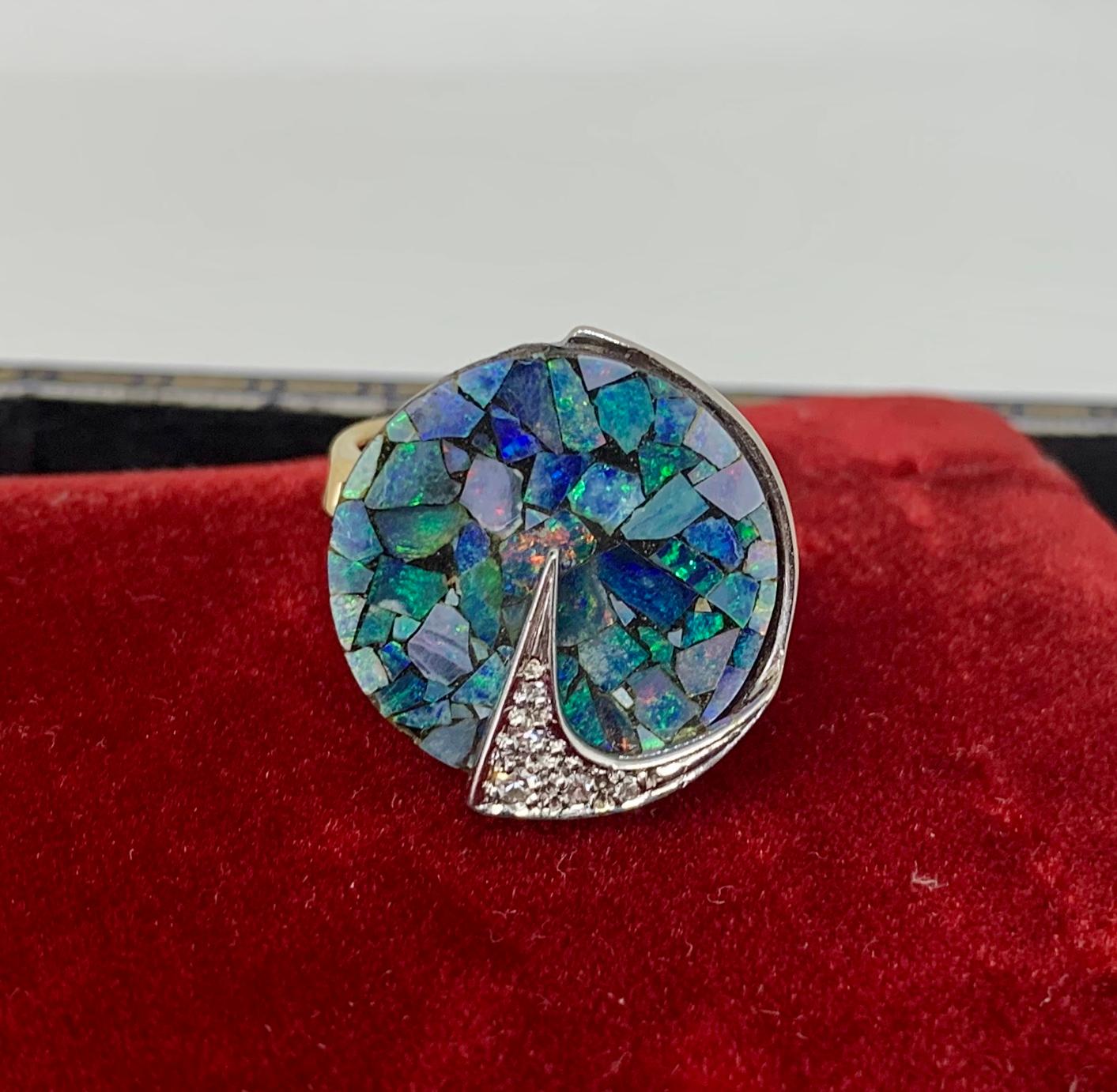 Bague rétro en or 14 carats avec opale noire et diamants, style Eames, mi-siècle moderne Pour femmes en vente