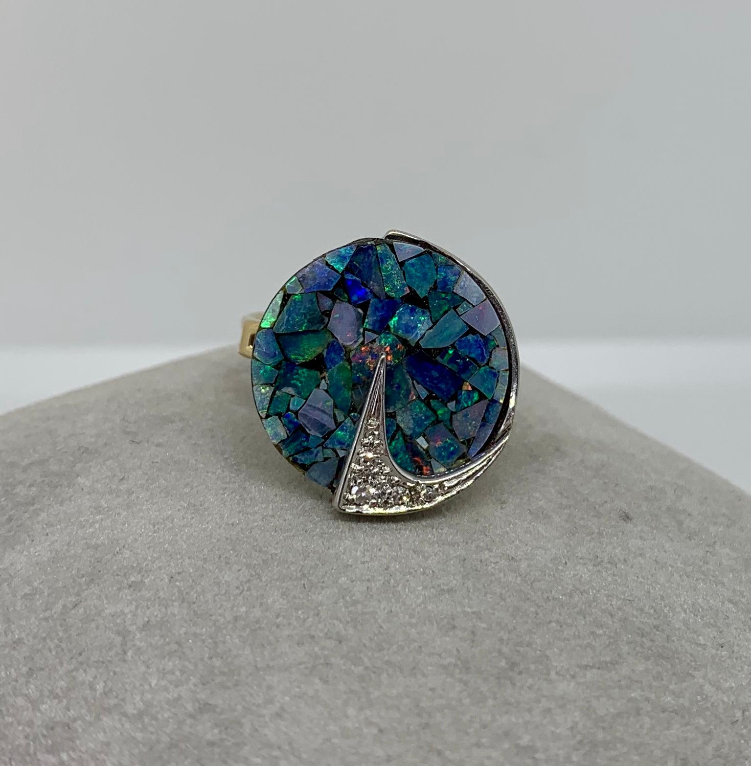 Black Opal Diamond Ring Mid-Century Modern 14 Karat Gold Eames Era Retro For Sale 2