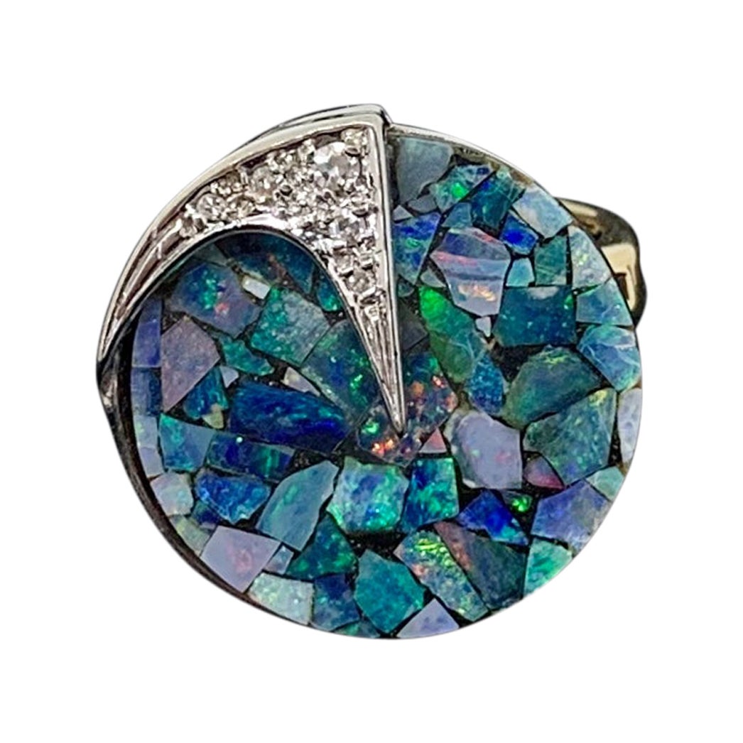Schwarzer Opal Diamant-Ring Mid-Century Modern 14 Karat Gold Eames Ära Retro im Angebot