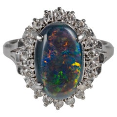 Black Opal & Diamond Ring Midcentury Certified Australian