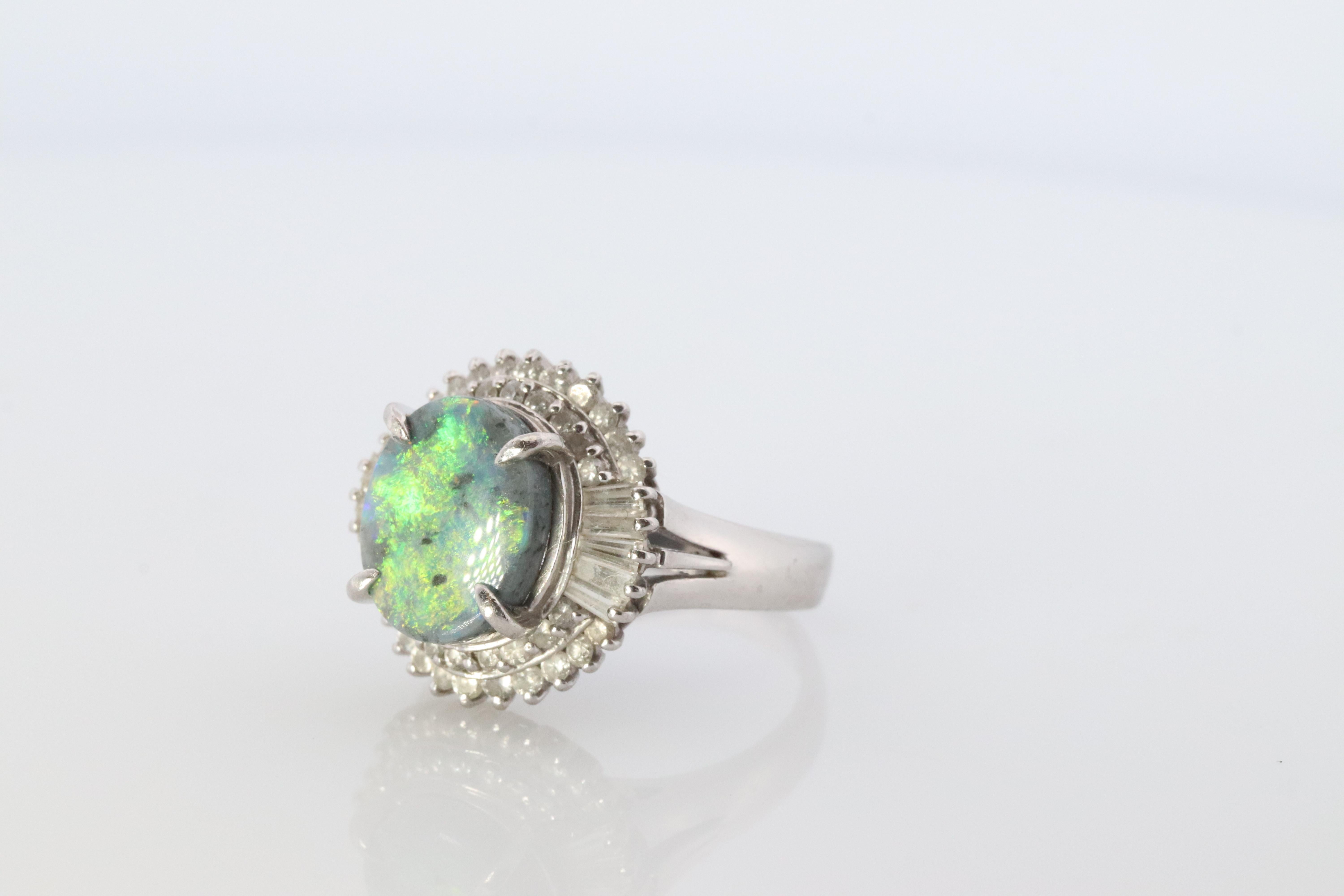 Modern Black Opal Diamond Ring. PT850 Platinum Opal Diamond Halo Ballerina Ring Band. For Sale
