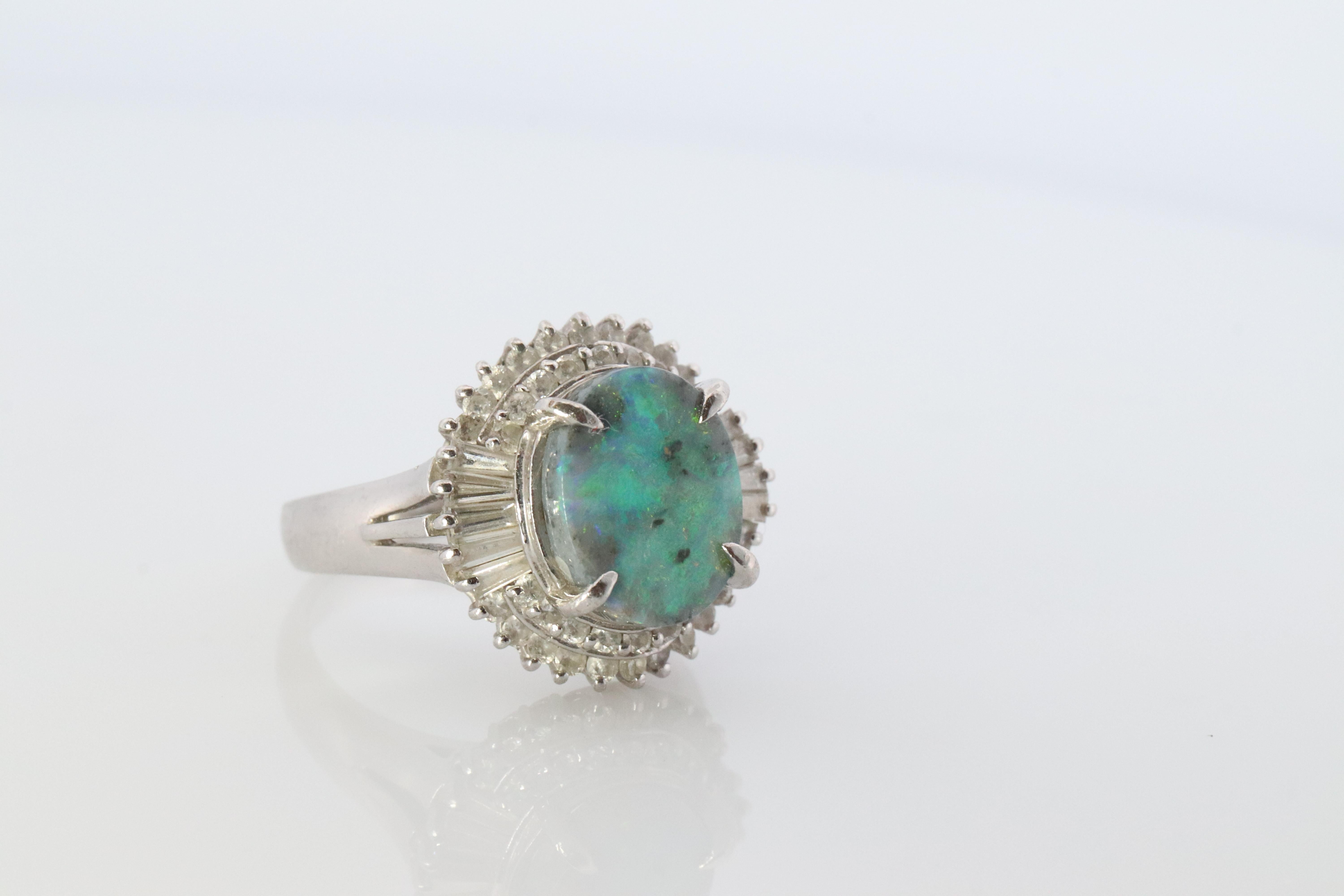 Black Opal Diamond Ring. PT850 Platinum Opal Diamond Halo Ballerina Ring Band. In Good Condition For Sale In Port Charlotte, FL