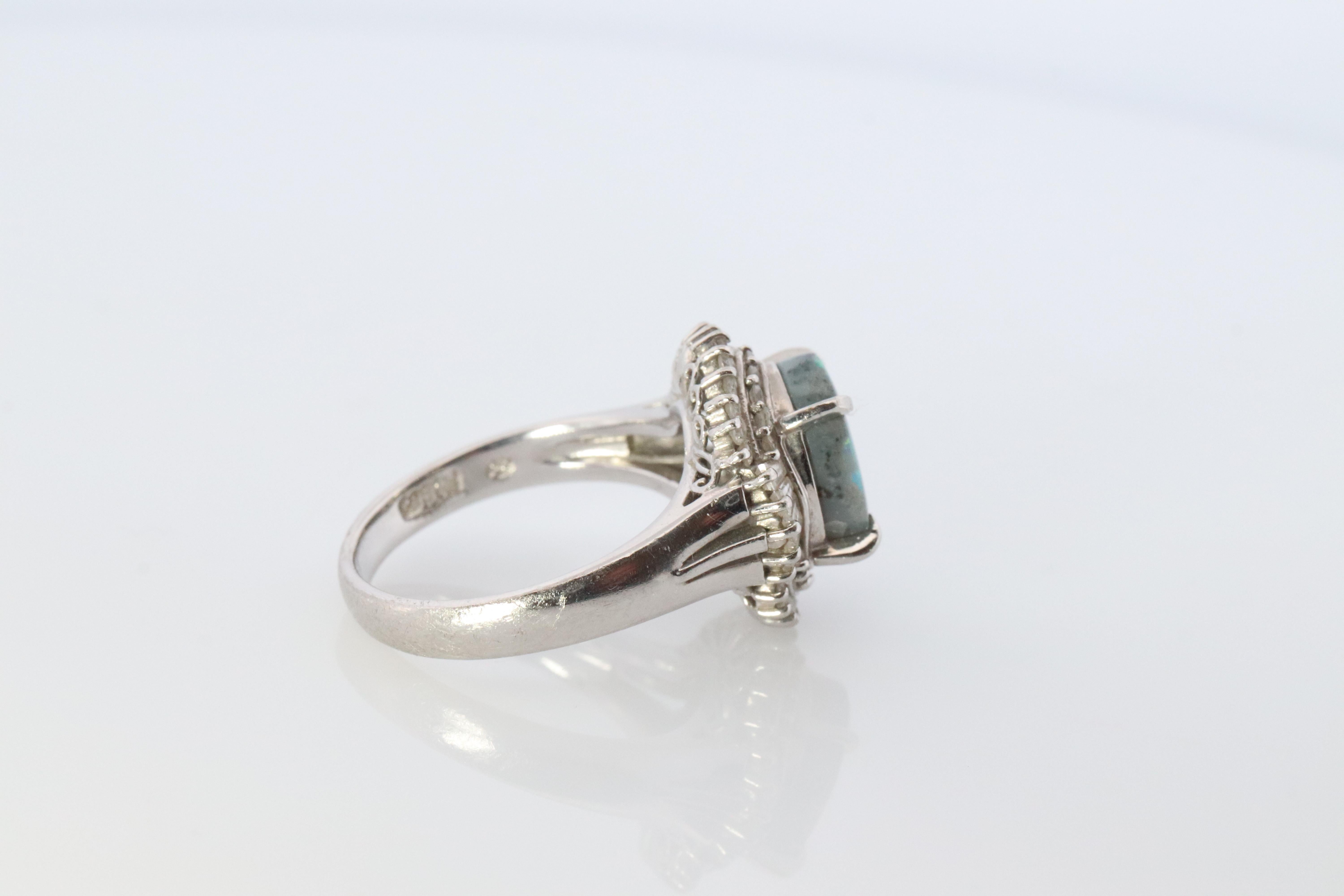 Women's Black Opal Diamond Ring. PT850 Platinum Opal Diamond Halo Ballerina Ring Band. For Sale