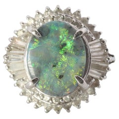 Black Opal Diamond Ring. PT850 Platinum Opal Diamond Halo Ballerina Ring Band.