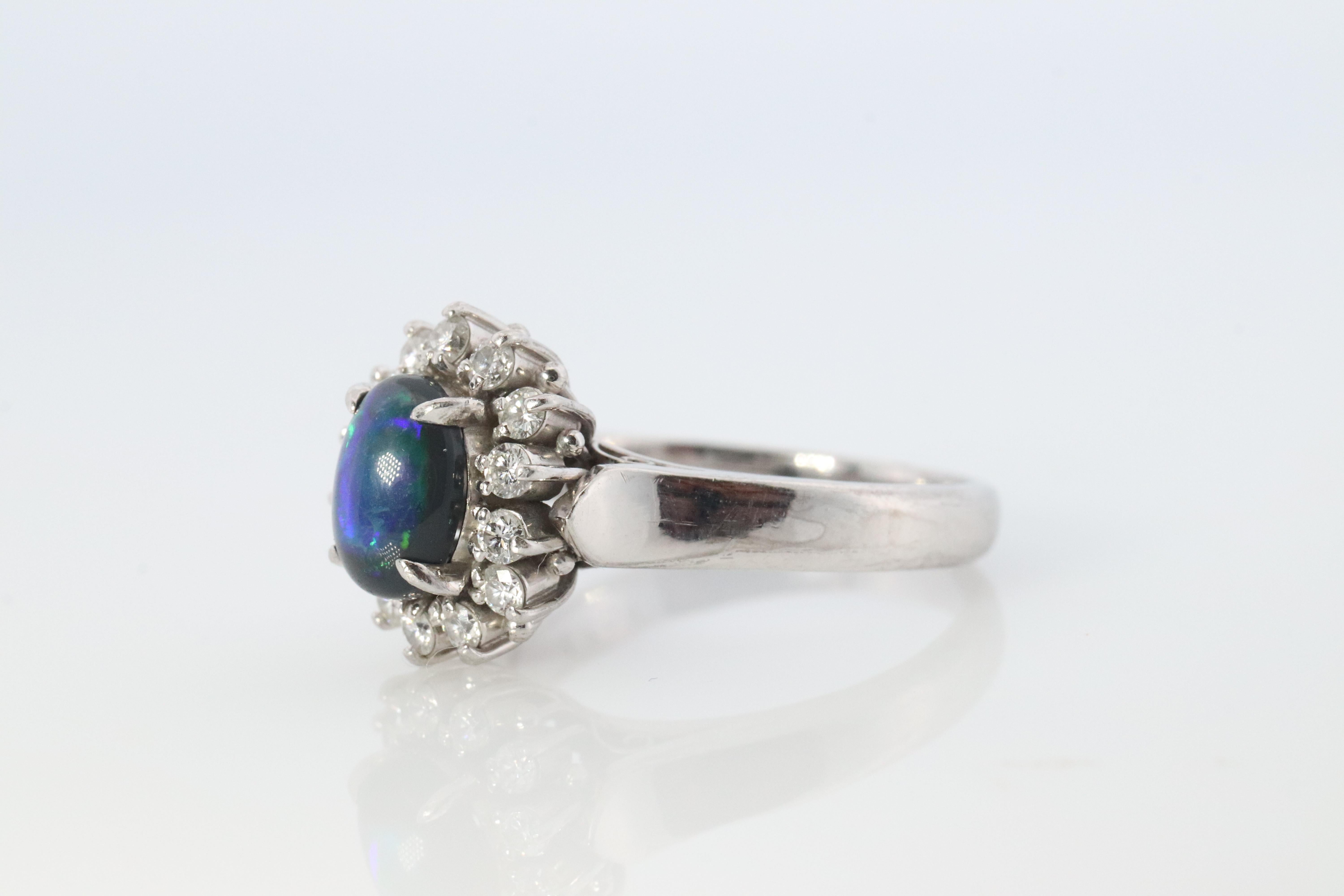 Cabochon Black Opal Diamond Ring. PT900 Platinum Opal Diamond Halo Ballerina Ring Band. For Sale