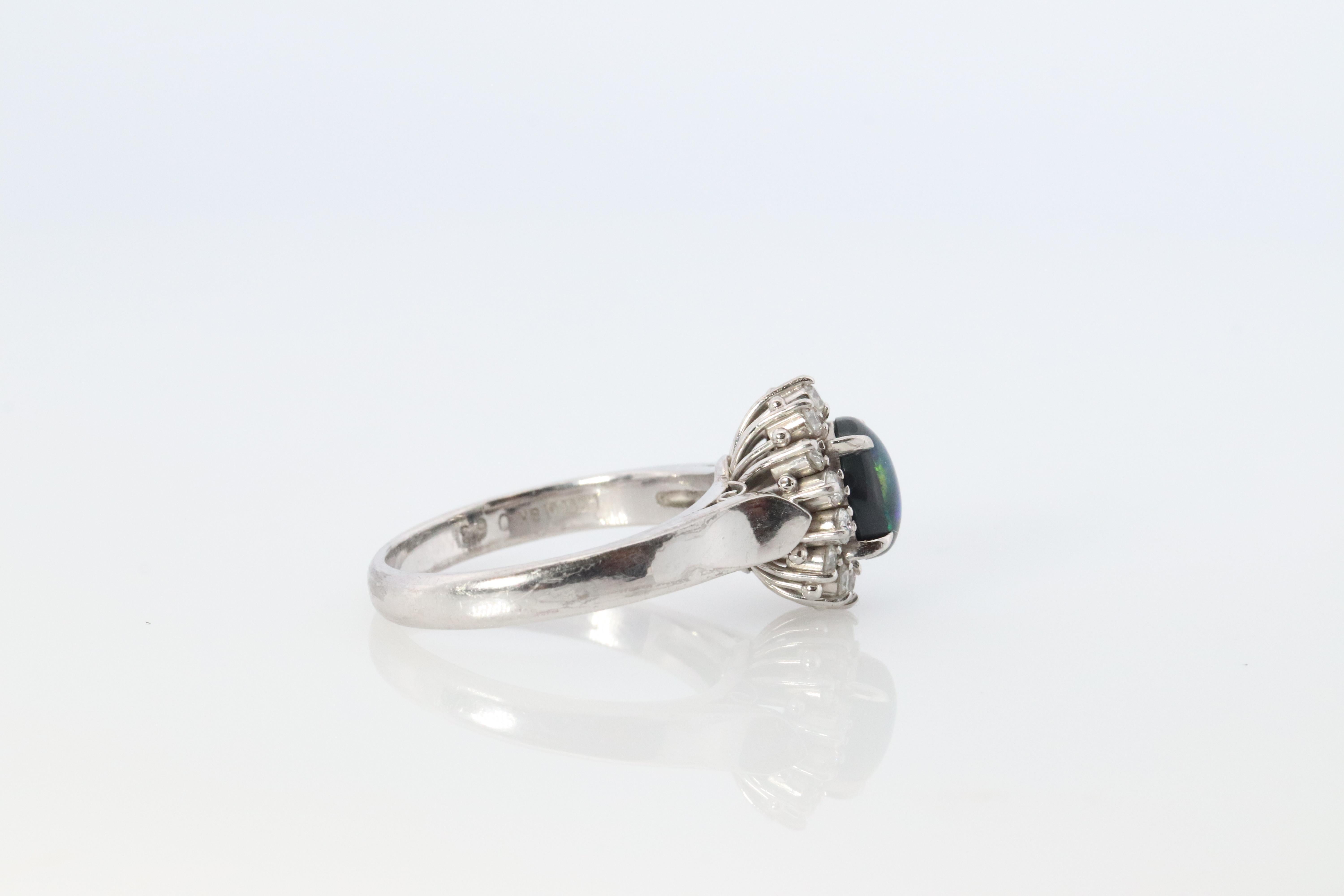 Women's Black Opal Diamond Ring. PT900 Platinum Opal Diamond Halo Ballerina Ring Band. For Sale