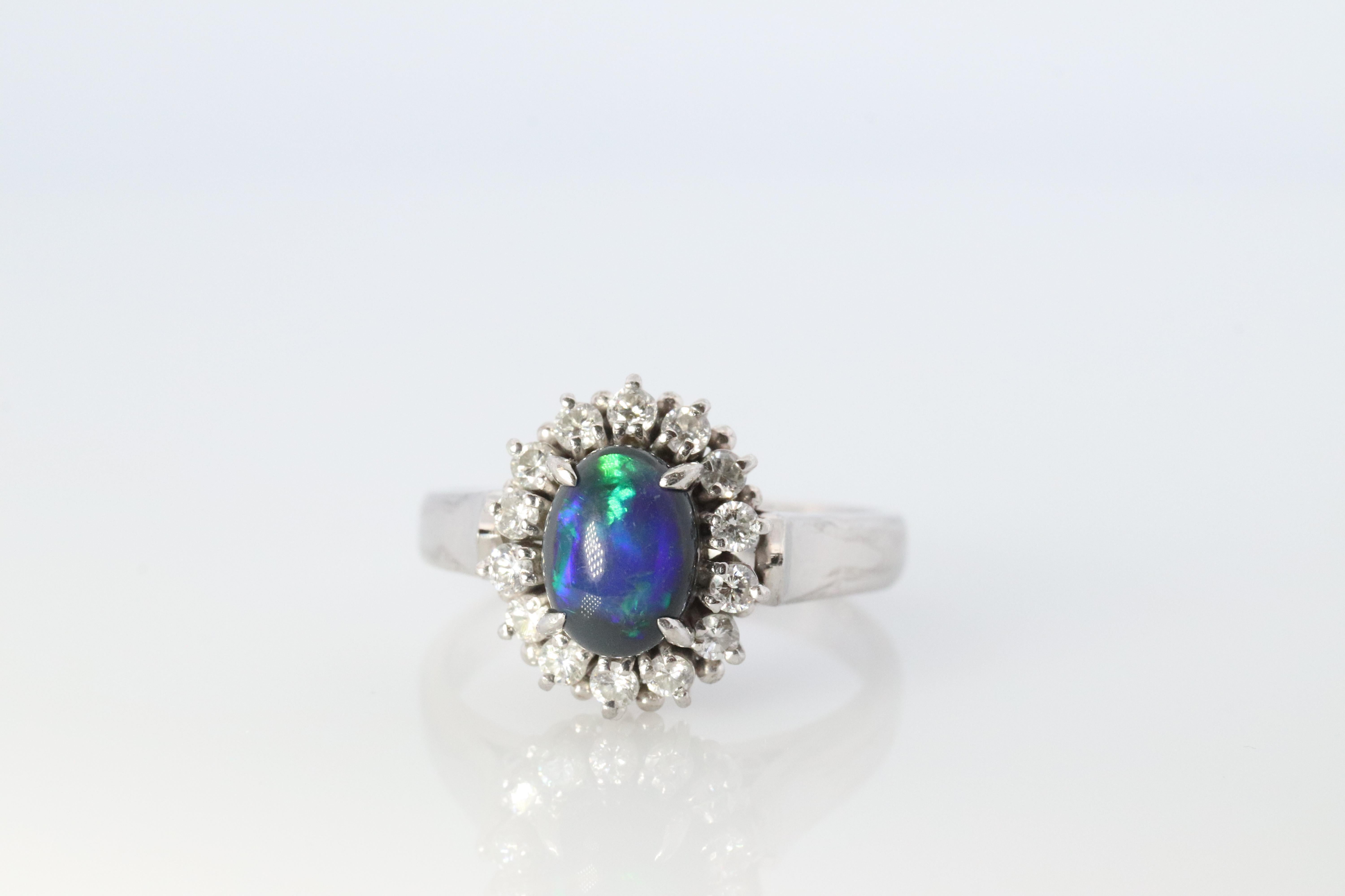 Black Opal Diamond Ring. PT900 Platinum Opal Diamond Halo Ballerina Ring Band. For Sale 1