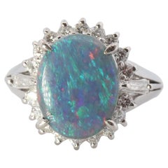 Black Opal Diamond Ring. PT900 Platinum Opal Diamond Halo Ballerina Ring Band.