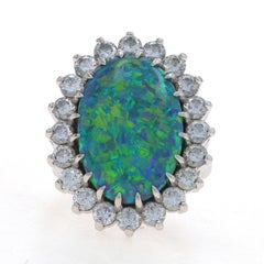 Black Opal Diamond Vintage Cocktail Ring 950 Oval Cabochon 10.60ctw Halo