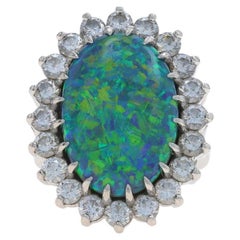 Schwarzer Opal Diamant Vintage Cocktail Ring 950 Oval Cabochon 10,60ctw Halo