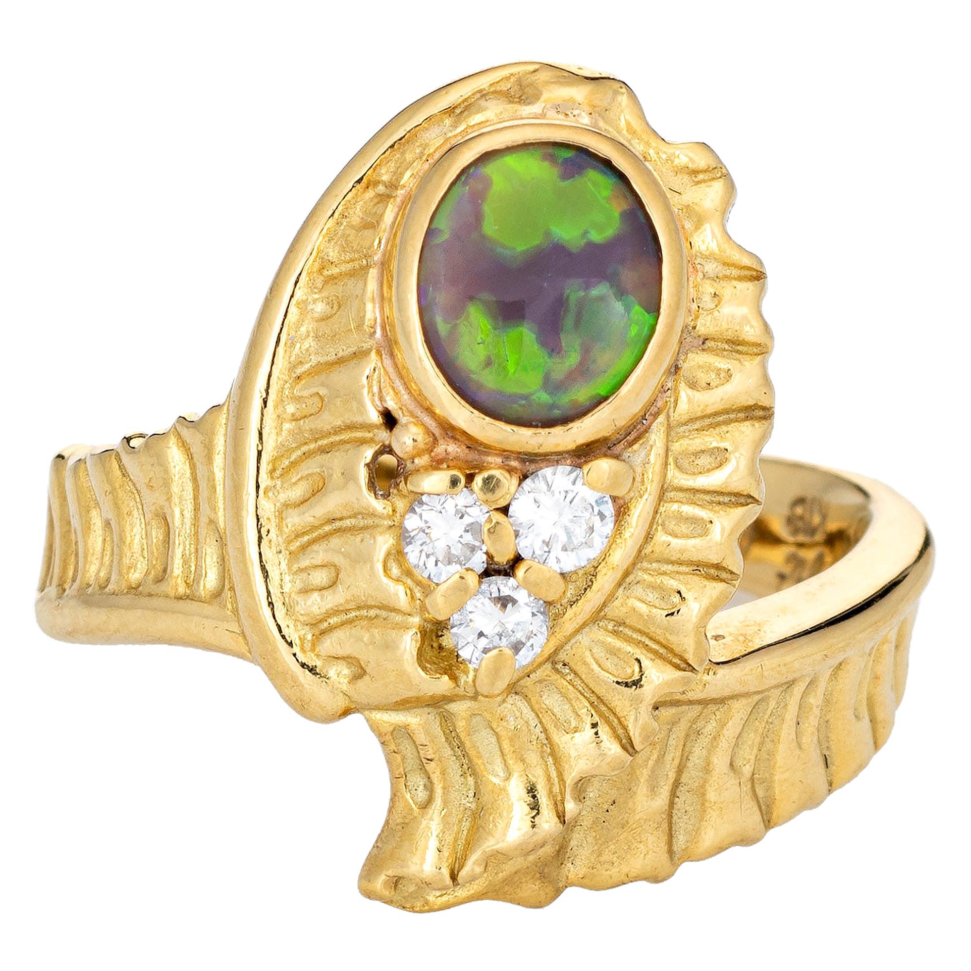 Black Opal Diamond Vintage Ring 18k Yellow Gold Estate Fine Jewelry