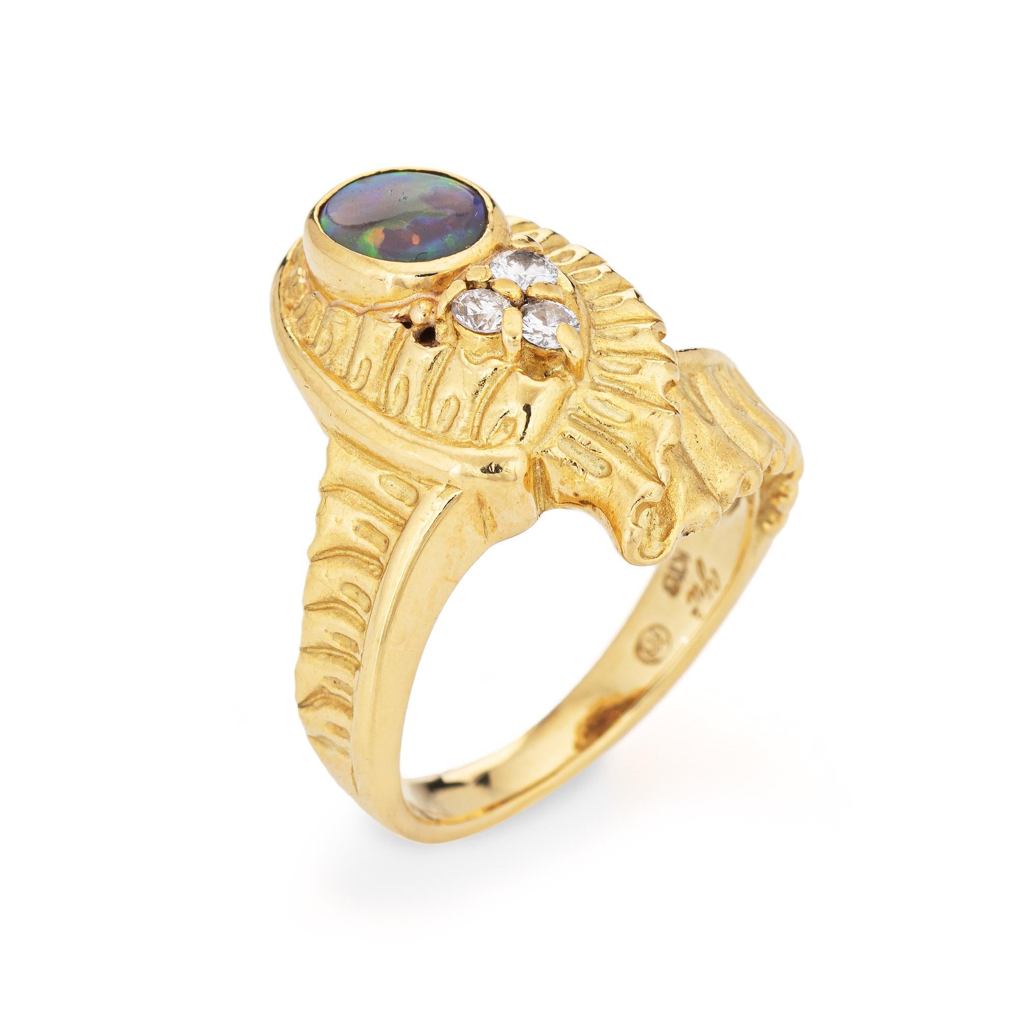 Finely detailed vintage black opal & diamond ring, crafted in 18 karat yellow gold (circa 1980s to 1990s). 

Centrally mounted black opal is estimated at 0.83 carats, accented with an estimated 0.10 carats of diamonds (estimated at I color and SI2