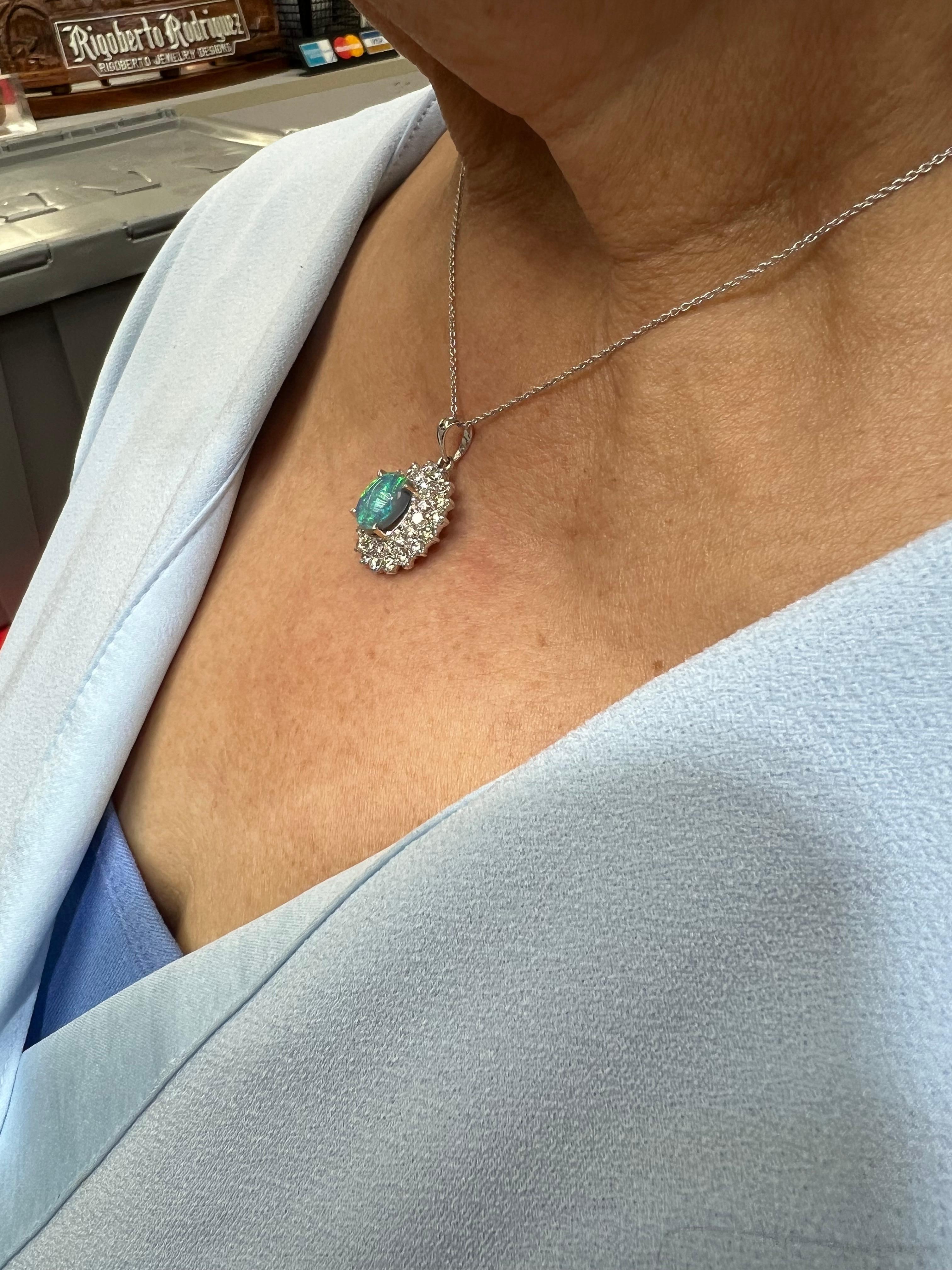 Contemporary Black Opal Diamond White Gold Pendant Necklace For Sale