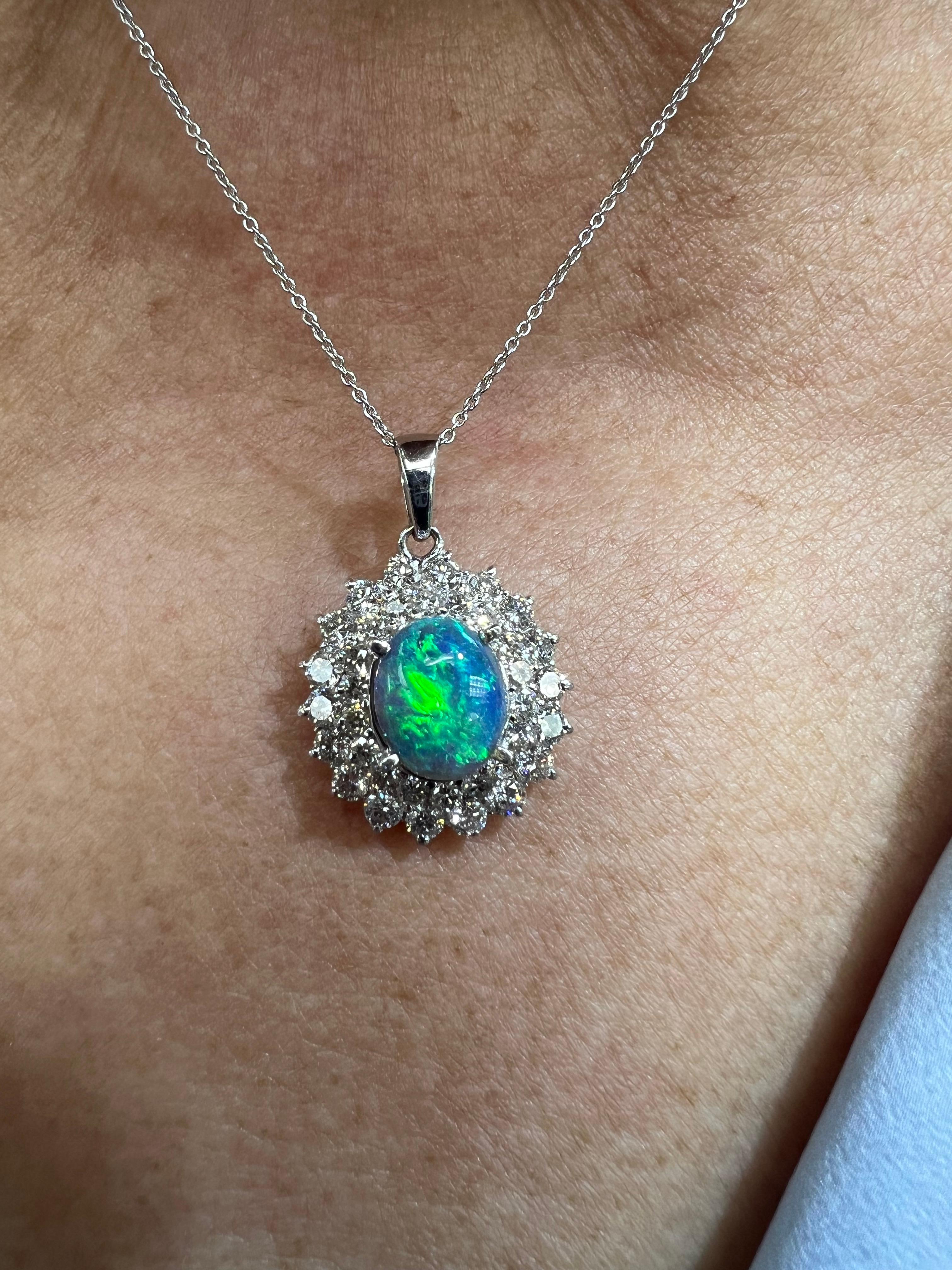 Oval Cut Black Opal Diamond White Gold Pendant Necklace For Sale