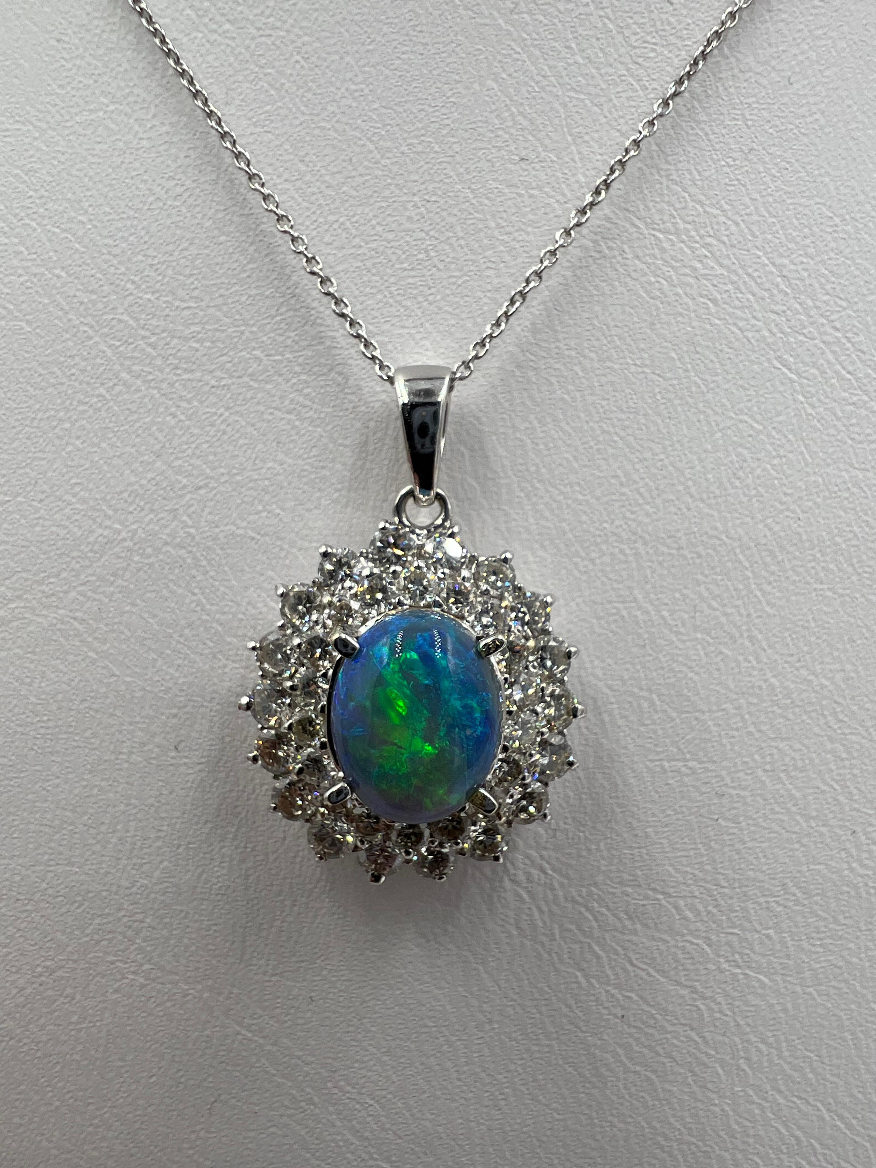 Black Opal Diamond White Gold Pendant Necklace In Good Condition For Sale In Los Angeles, CA