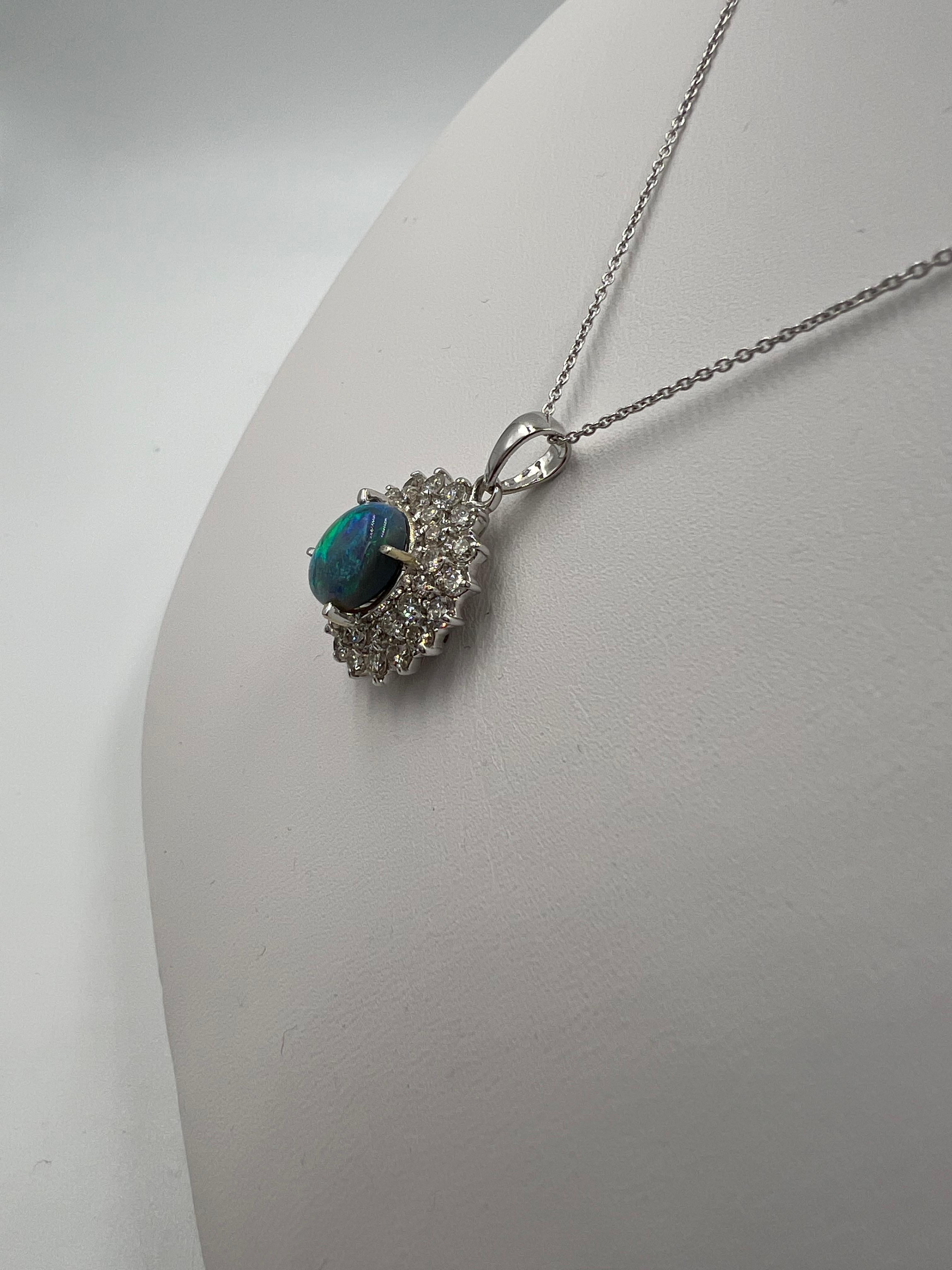 Women's or Men's Black Opal Diamond White Gold Pendant Necklace For Sale