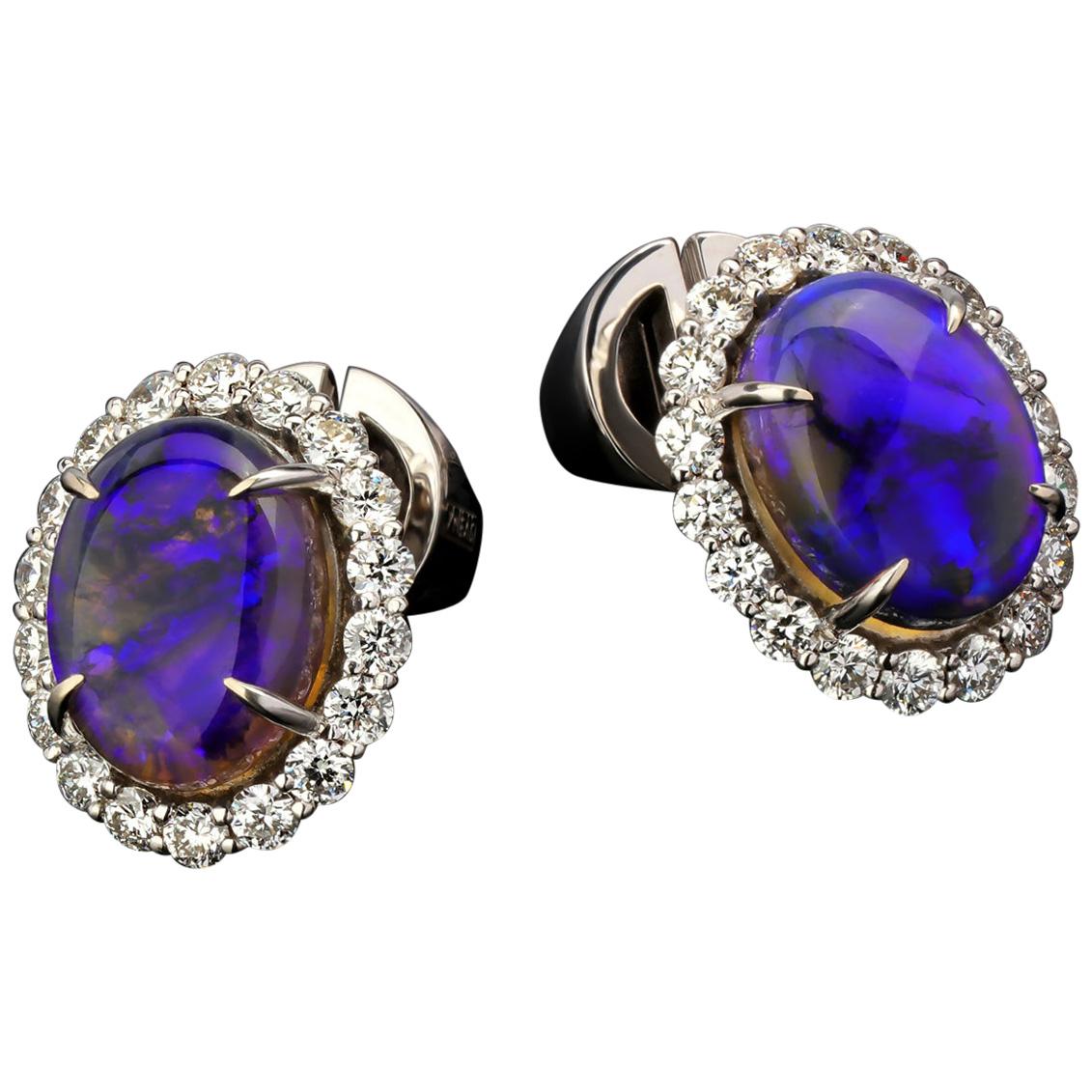 Boucles d'oreilles or blanc diamant opale noire Diamants Unisexe Classic en vente