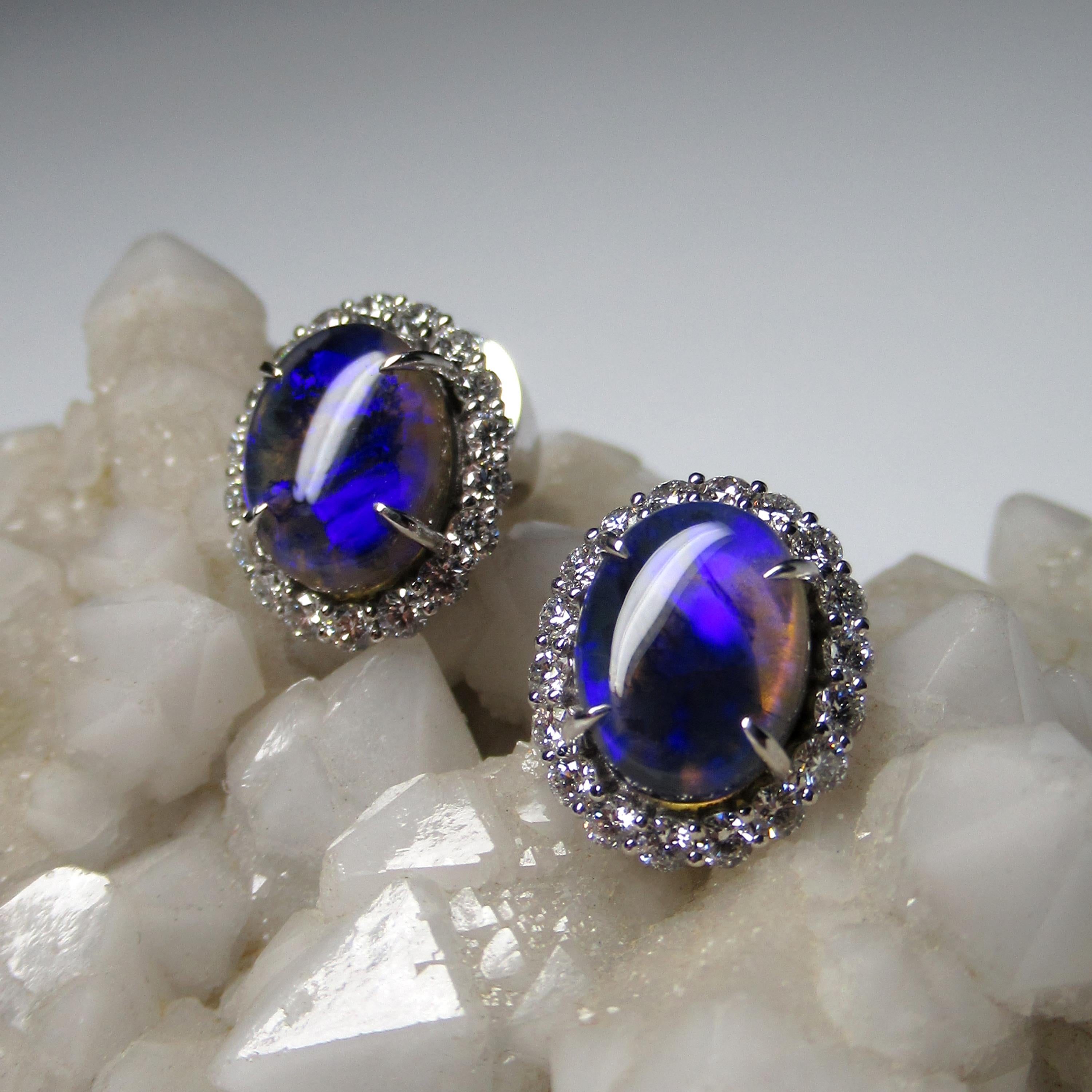 Boucles d'oreilles or blanc diamant opale noire Diamants Unisexe Classic en vente 1